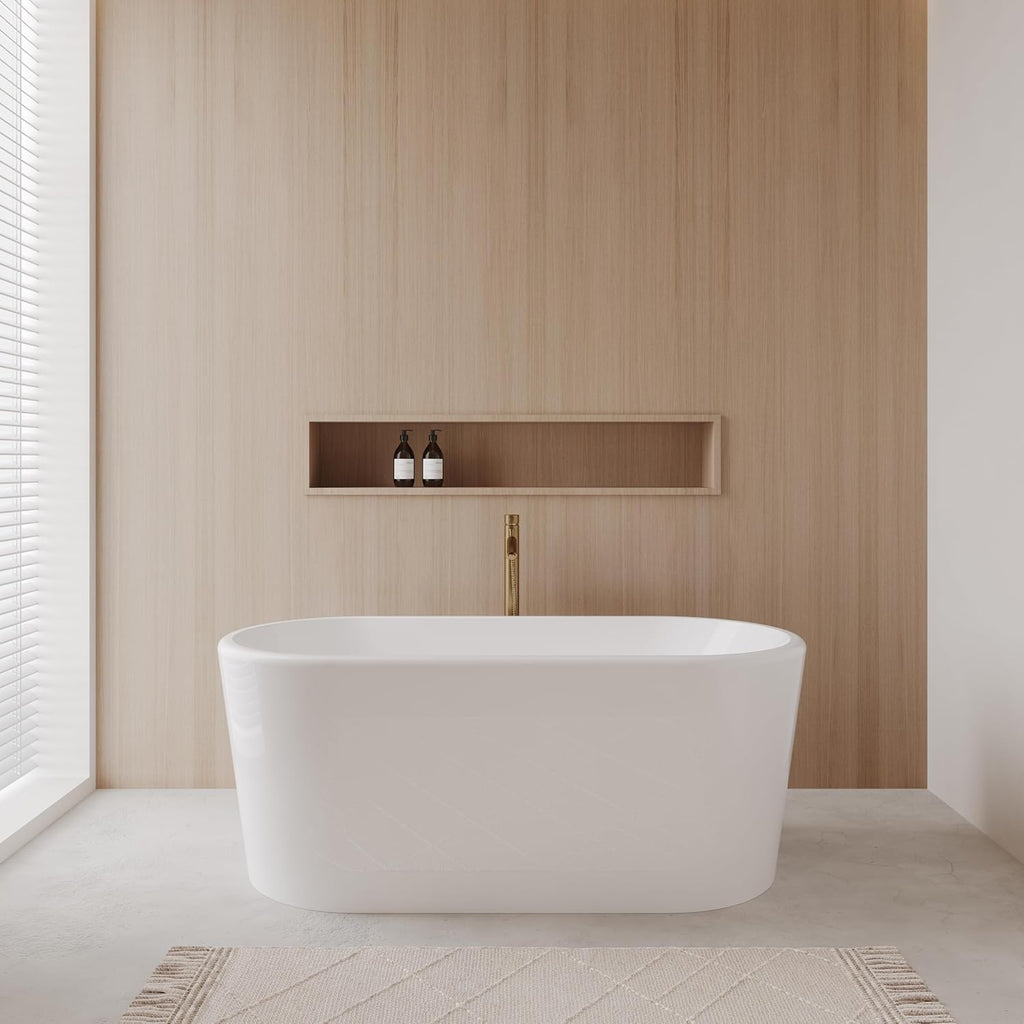 Ursula 59 Inch Freestanding Bathtub in White with Polished Chrome Trim and Floor Mounted Faucet in Brushed Gold