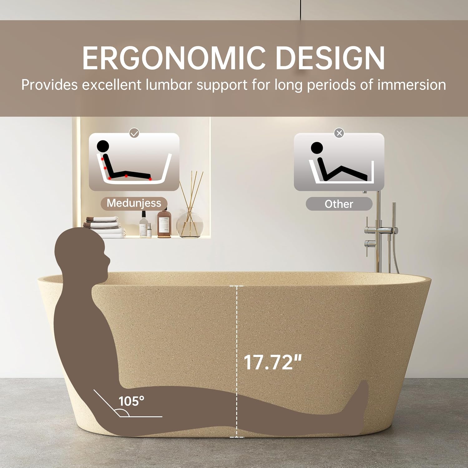 Terrazzo Free Standing Tub 59', Solid Surface Soaking Freestanding Bathtub, Stone Tub with Pop-up Drain