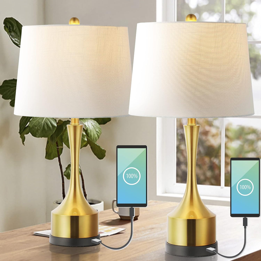 Eyely EYL4045A-SET2 Cato 26' Classic French Country Iron LED Table Lamp w/USB Charge Port for Reading Room, Living Room, Office, Bedroom,Farmhouse,French Country,Coastal, Brass Gold (Set of 2)