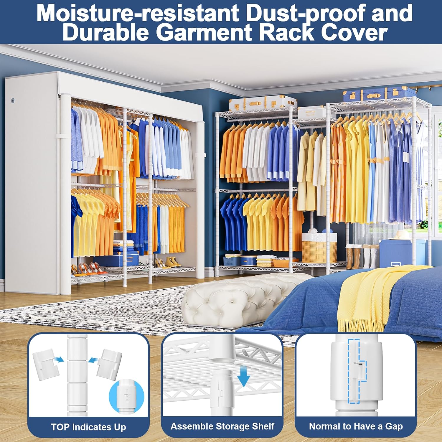 Ulif E10 (With Stretchable Hanger Rod) and E12C (With Black Dustproof Cover) Heavy Duty Closet Organizer System, Freestanding Clothing Rack for Hanging Clothes, Adjustable Garment Rack