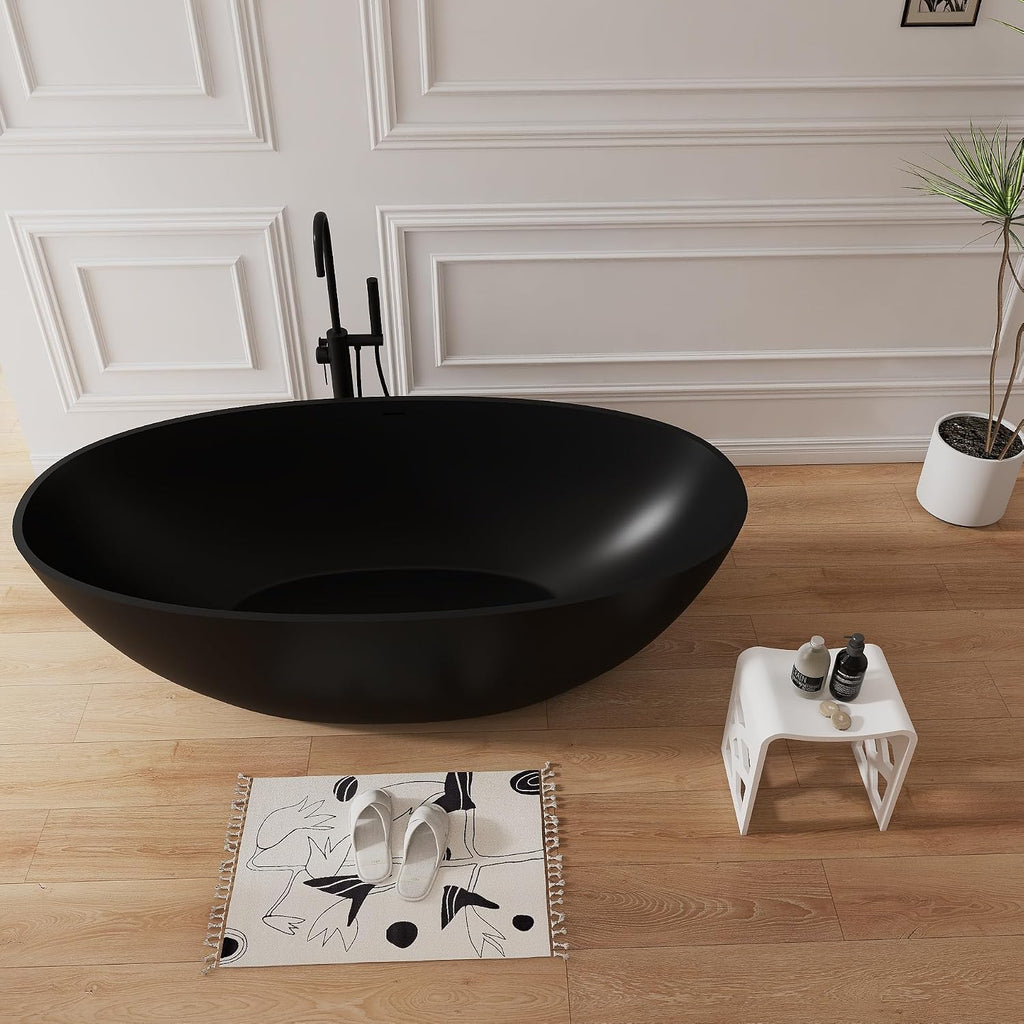 71' Premium Solid Surface Freestanding Bathtub,Oval Shape Stone Resin Soaking Tub with Overflow and Pop-up Drain, Matte Black