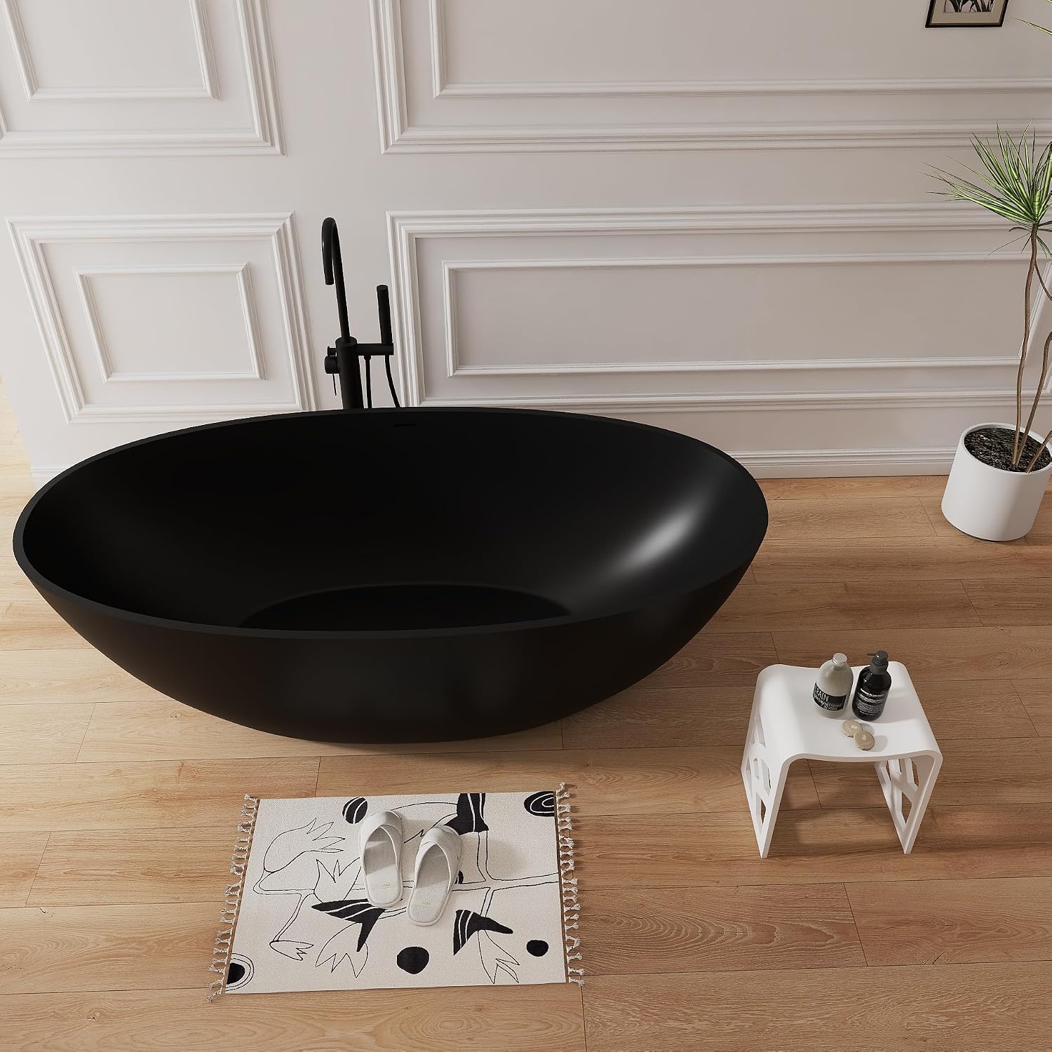 71' Premium Solid Surface Freestanding Bathtub,Oval Shape Stone Resin Soaking Tub with Overflow and Pop-up Drain, Matte Black