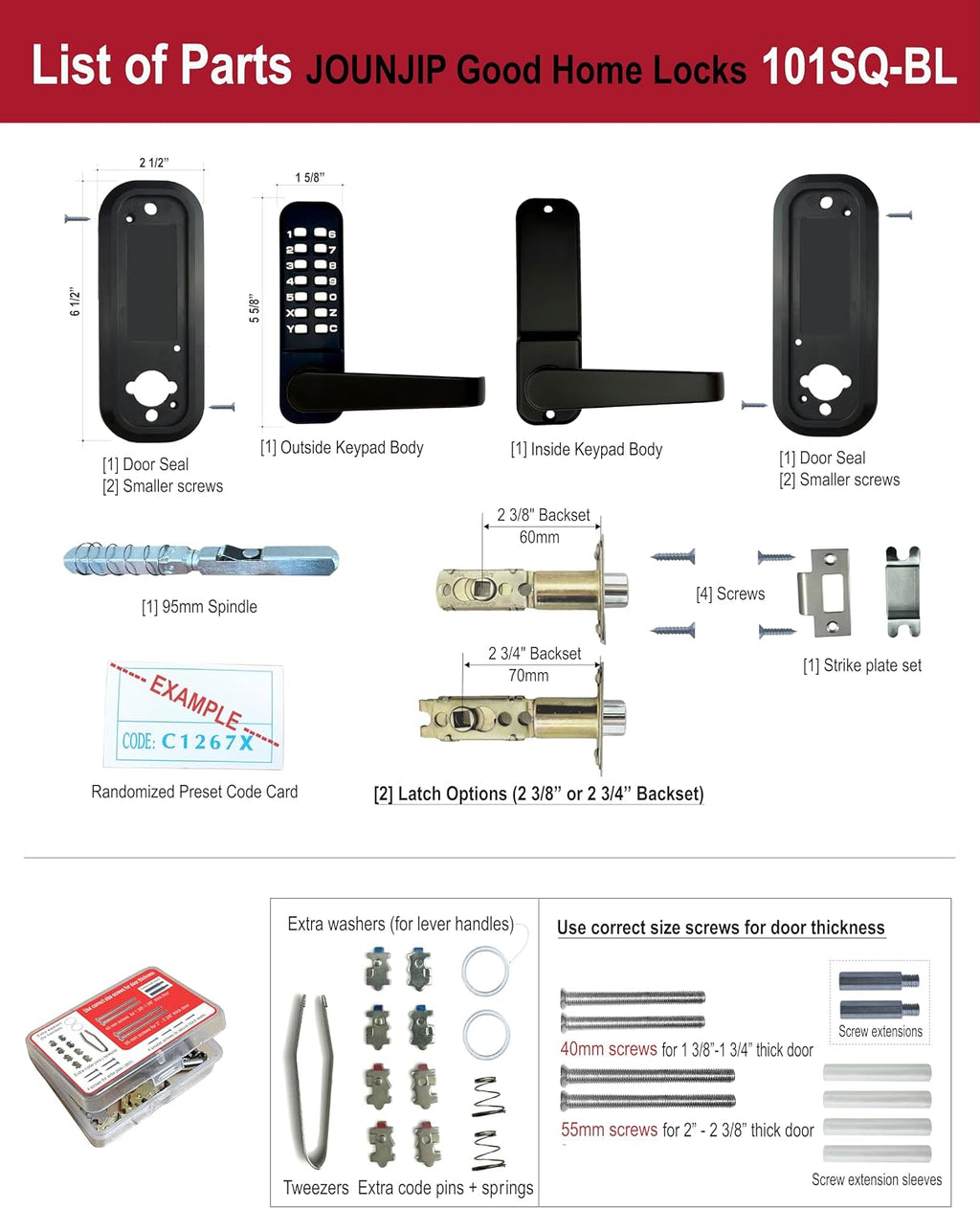 JOUNJIP Single-Sided Keyless Entry Door Lock - Bump Key Proof Mechanical Door Lock with Lever Handle - [Square Spindle] Easier Install - (Matte Black) - Outdoor Gate Lock with Keypad and Passage Mode