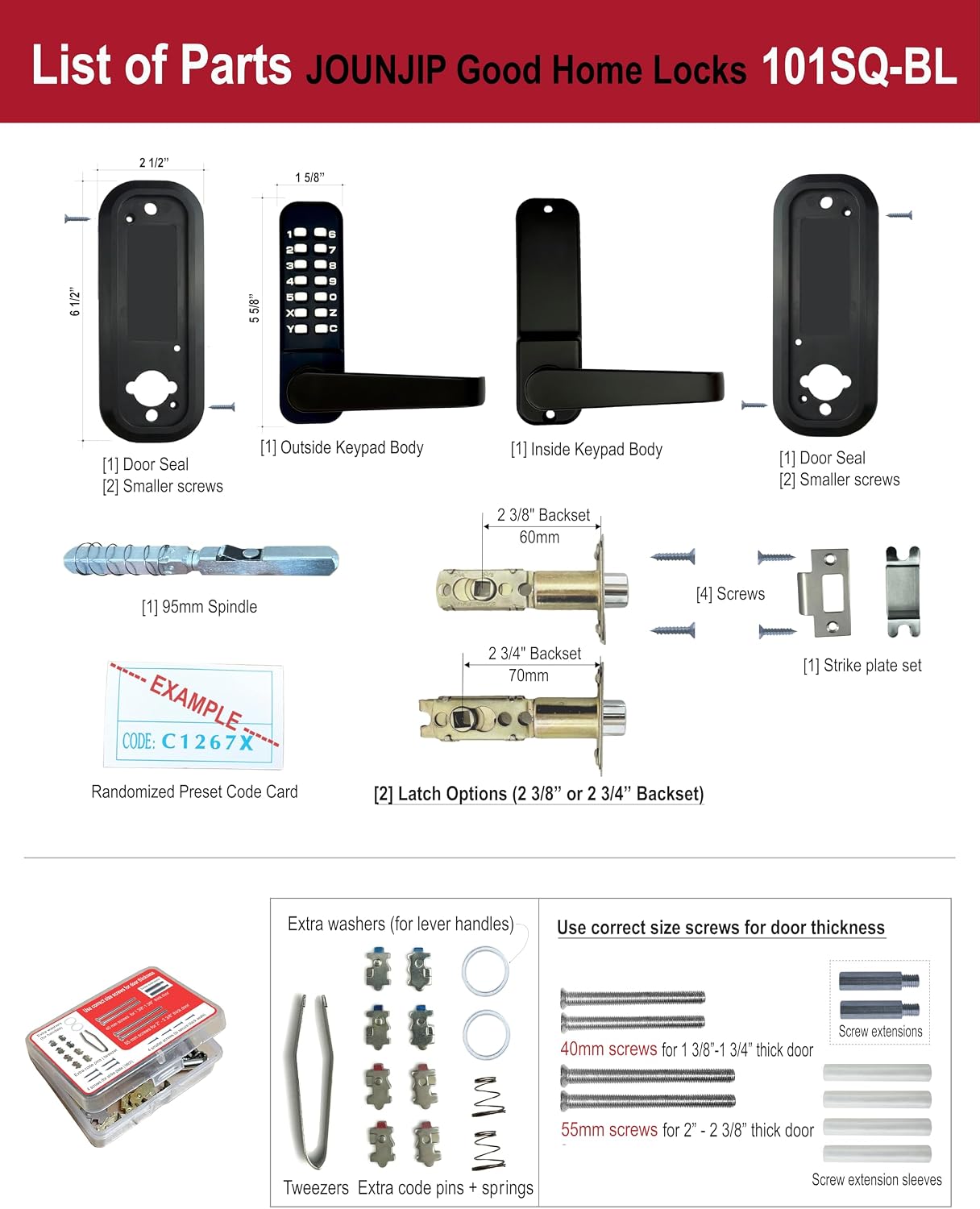 JOUNJIP Single-Sided Keyless Entry Door Lock - Bump Key Proof Mechanical Door Lock with Lever Handle - [Square Spindle] Easier Install - (Matte Black) - Outdoor Gate Lock with Keypad and Passage Mode