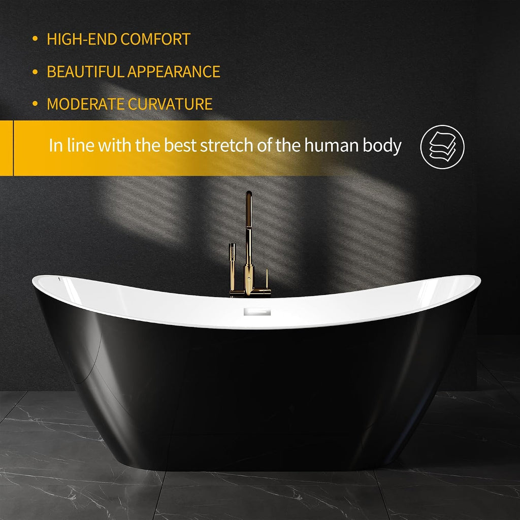 67' Freestanding Acrylic Bathtub, Deep Soaking Tub with Non-Slip Base & Chrome Drain, cUPC Certified, Easy Install, Space-Saving Bathtub, Modern Tub for Bathrooms, Black Ingot