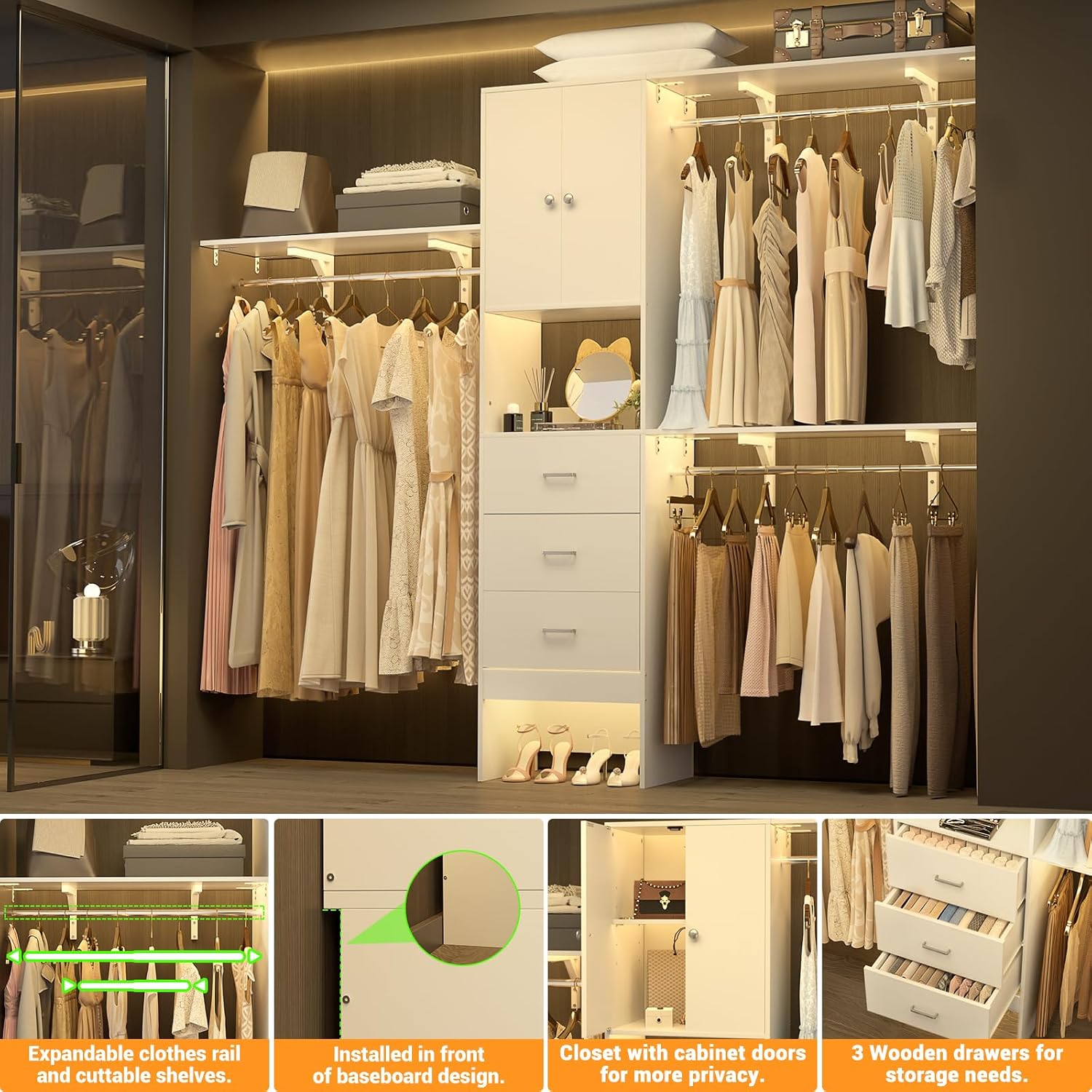 Armocity 96 Inches Closet System with Doors, 8FT Walk In Closet Organizer with 3 Shelving Towers, Heavy Duty Clothes Garment Rack with 3 Wood Drawers, 96' L x 16' W x 80' H, Max Load 1000 LBS, White