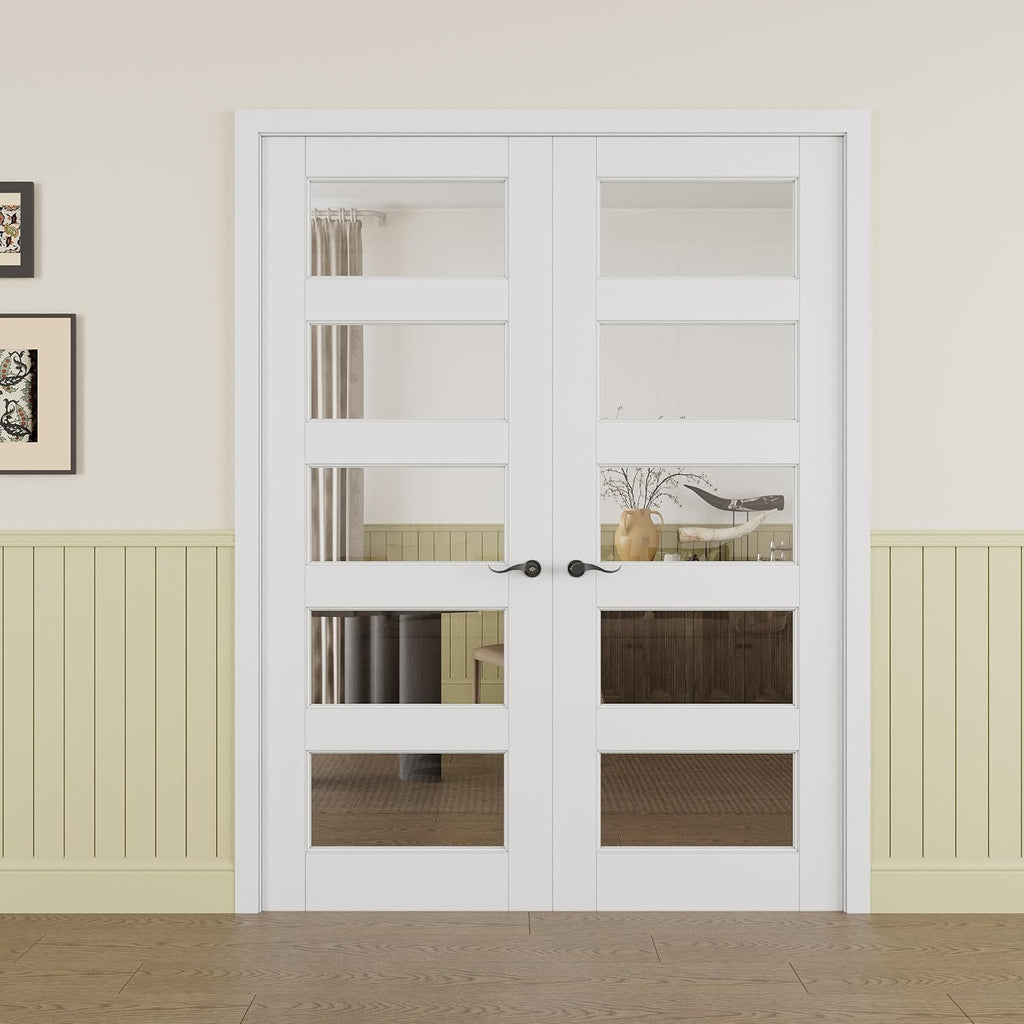 Prehung French Door 72' x 80' (2x36 in), 5-Lite Tempered Clear Glass Door Slabs with Jamb, Black Hinges, 4 Levers & Latch, Solid Core Interior Door, Pre-Finished & Paintable,Double Doors Interior