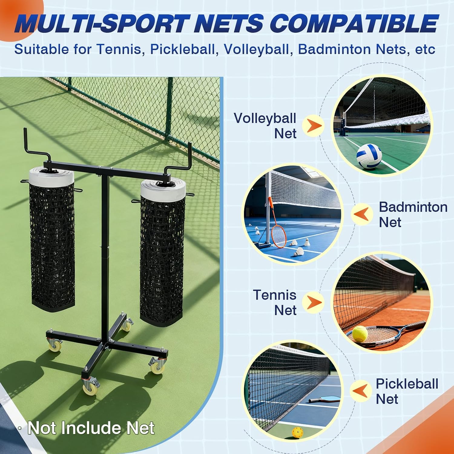 Movable Sports Net Storage Rack with Lockable Wheels, Heavy-Duty Holder for Volleyball, Tennis, Pickleball, Badminton Nets, Space-Saving Support Rack with Swivel Handle & Dust Covers