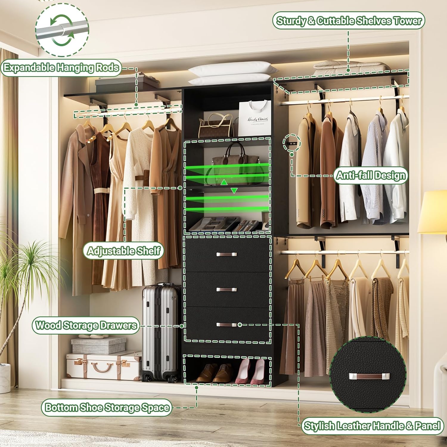 Closet System with 3 Drawers - 8FT Wood Closet Organizer with 3 Shelving Tower & Hanging Rods, 96' Walk-in Wardrobe Closet Organizer System for 4-8FT Spaces, Heavy Duty Garment Clothes Rack, Black