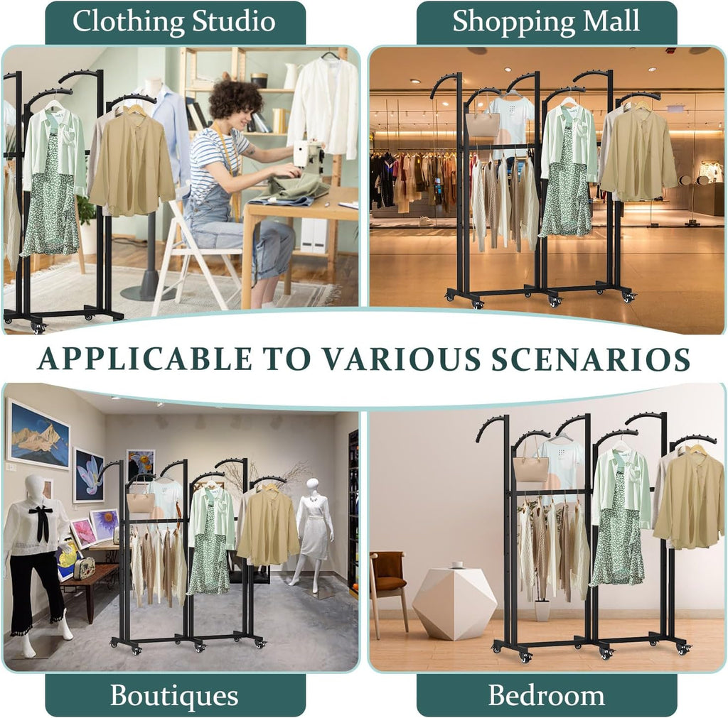 6 Way Heavy Duty Garment Racks with Wheels, Adjustable Height Retail Clothing Rack from 48' to 67', for Boutique Shops Large Retail Stores and Home Storage,Black