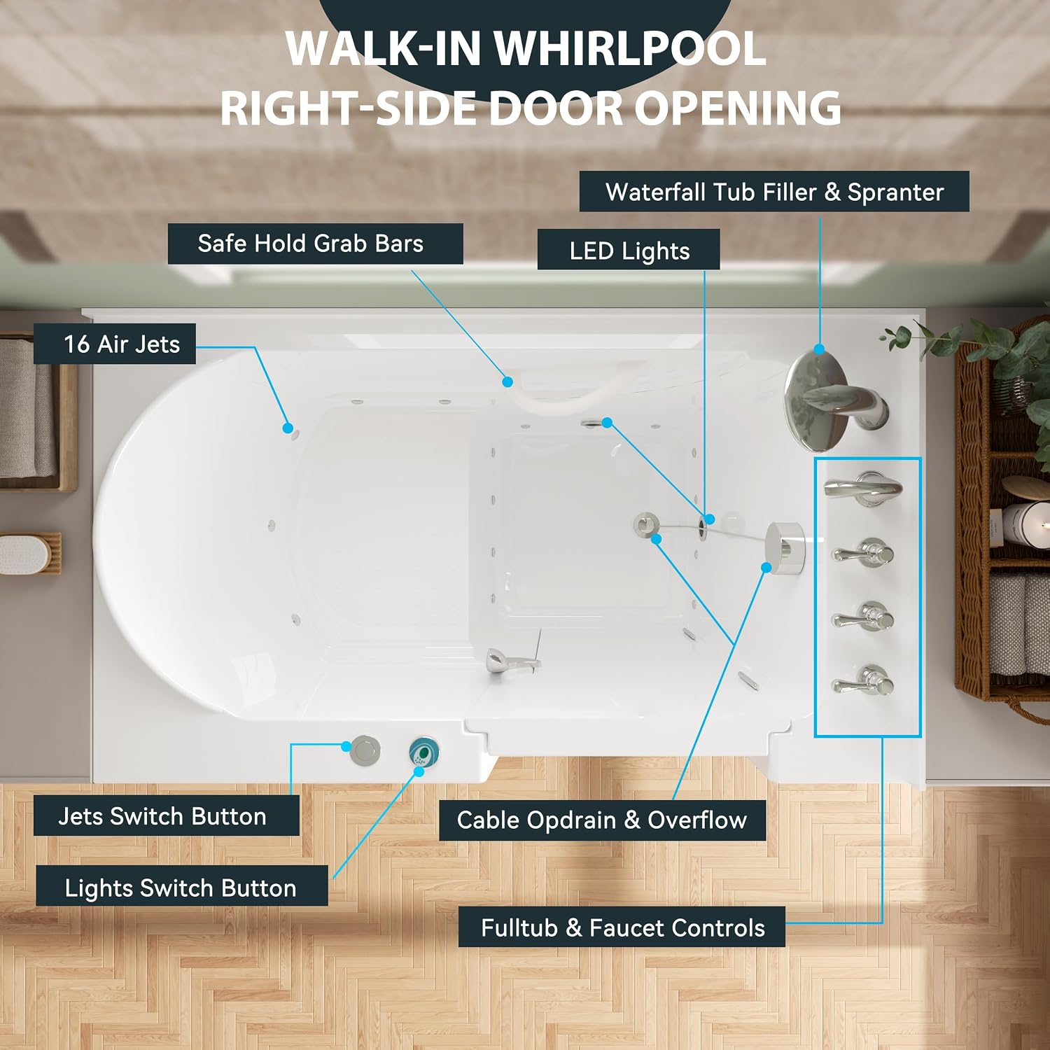 FerdY 55' x 33' Walk-in Whirlpool Bathtub with Right-Side Door Opening, 16 Air & Water Jets, Quick Fill and Drain System, Shower Combo with Rectangular Soaking Bathtub in White, Floridian