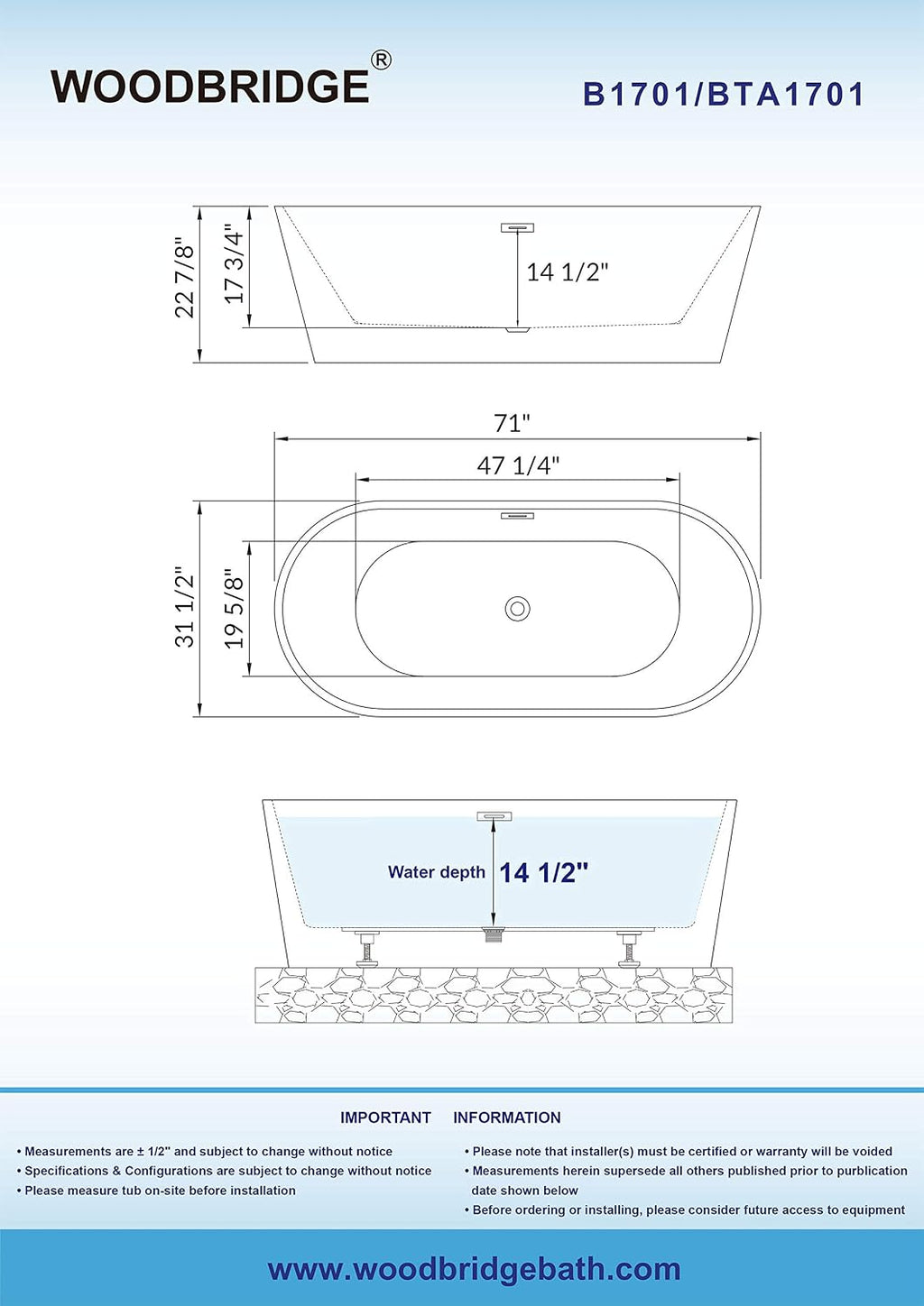 WOODBRIDGE 71' Acrylic Freestanding Bathtub Contemporary Soaking White Tub with Chrome Overflow and Drain,B1701-C
