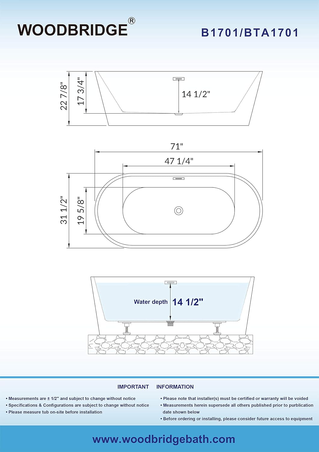 WOODBRIDGE 71' Acrylic Freestanding Bathtub Contemporary Soaking White Tub with Chrome Overflow and Drain,B1701-C