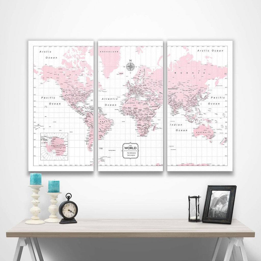 Push Pin World Map Board - With Push Pins to Mark World Travel - Handmade in Ohio, USA - Design: Pink Color Splash