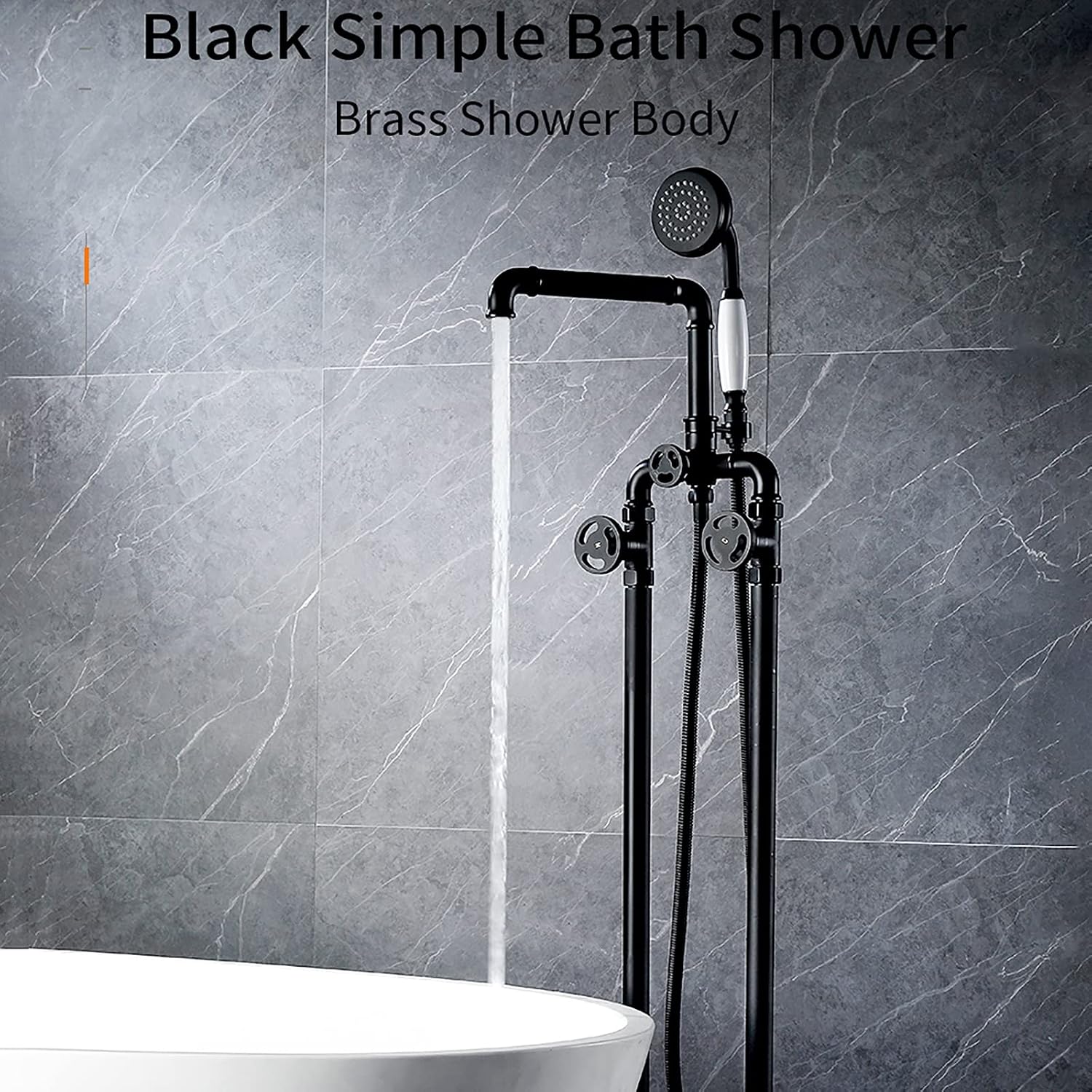 Black Freestanding Bathtub Faucet Industrial Brass Tub with Handheld Shower Floor Mounted Faucets with 59' Hose Tap