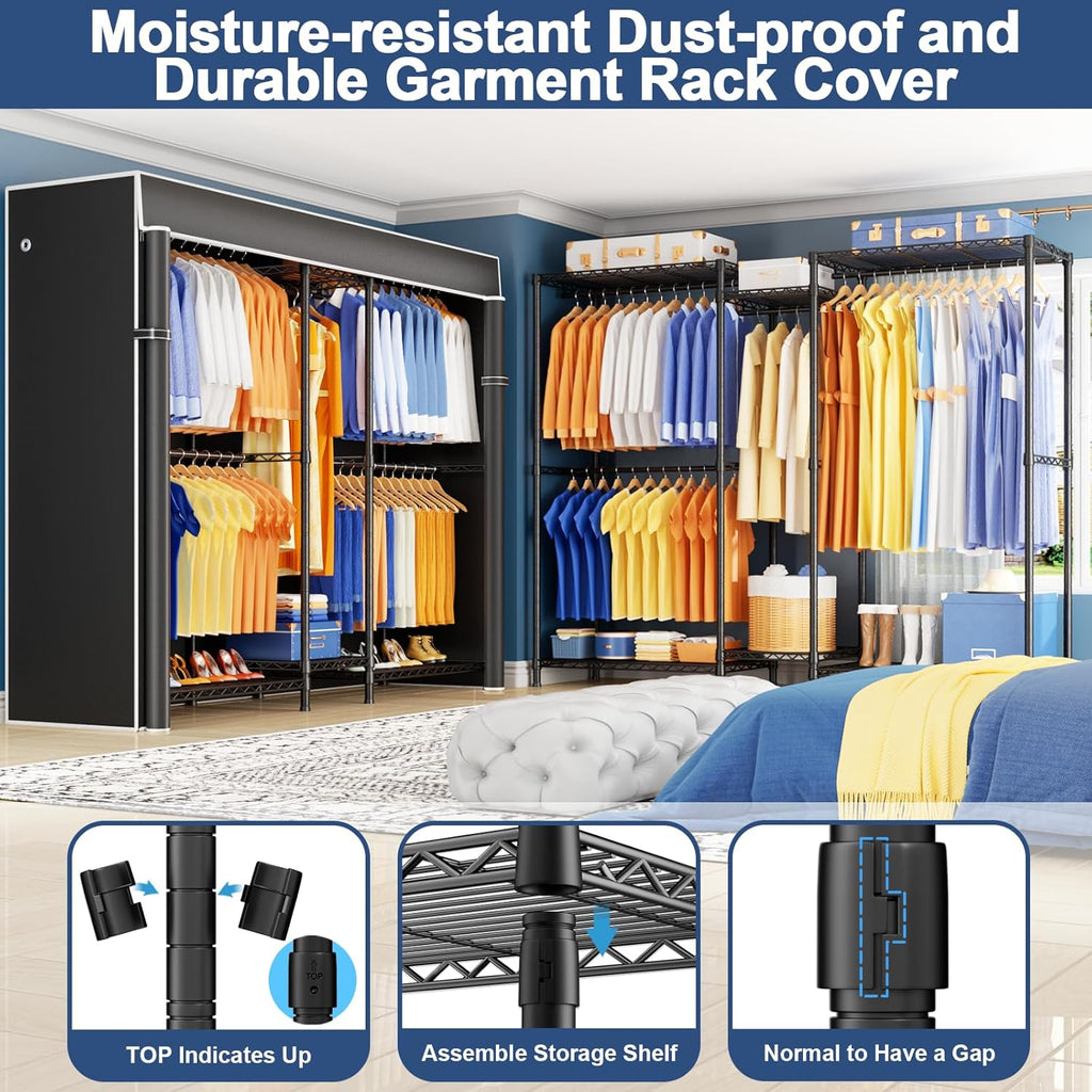 Ulif E10 (With Stretchable Hanger Rod) and E12C (With Black Dustproof Cover) Heavy Duty Closet Organizer System, Freestanding Clothing Rack for Hanging Clothes, Adjustable Garment Rack