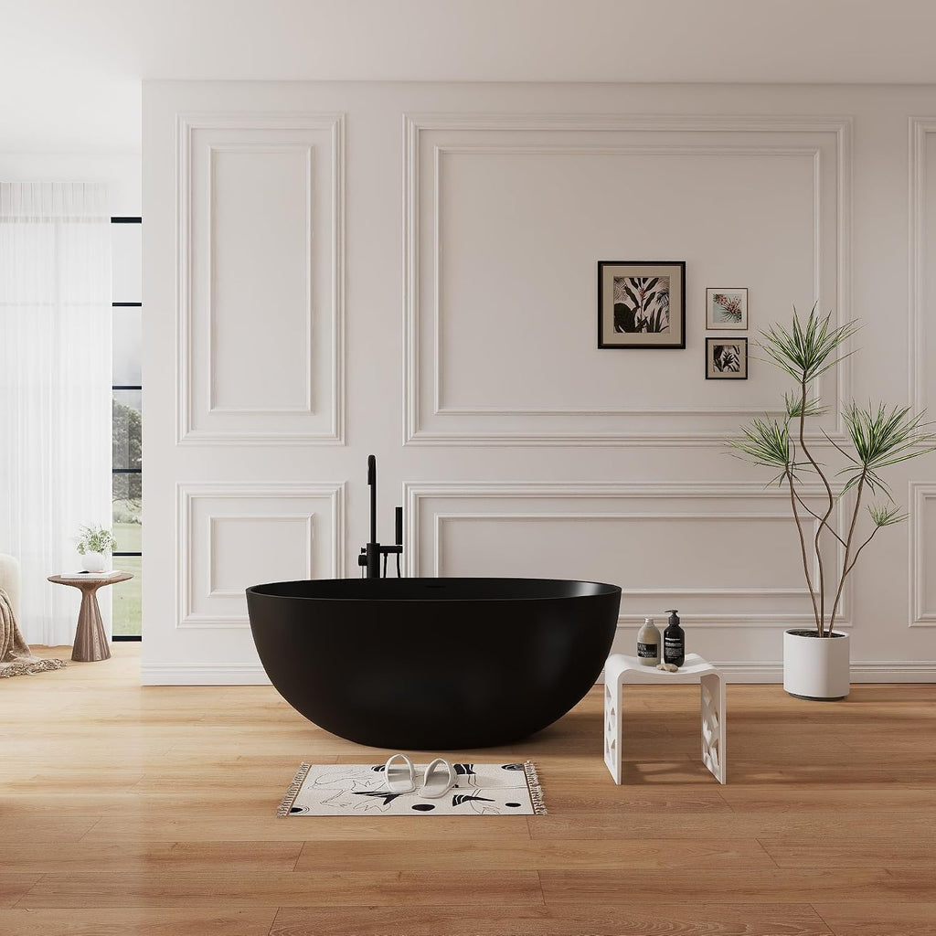 55' Premium Resin Stone Freestanding Bathtub, Matte Black Solid Surface Soaking Tub with Pop-up Drain and Overflow