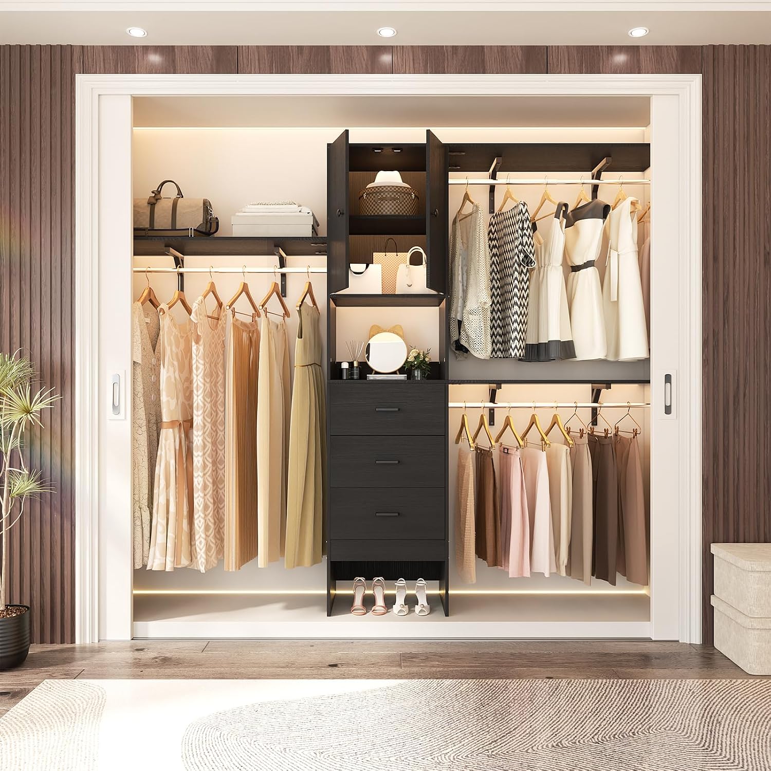 Armocity 96 Inches Closet System with Doors, 8FT Walk In Closet Organizer with 3 Shelving Towers, Heavy Duty Clothes Garment Rack with 3 Wood Drawers, 96' L x 16' W x 80' H, Max Load 1000 LBS, Black