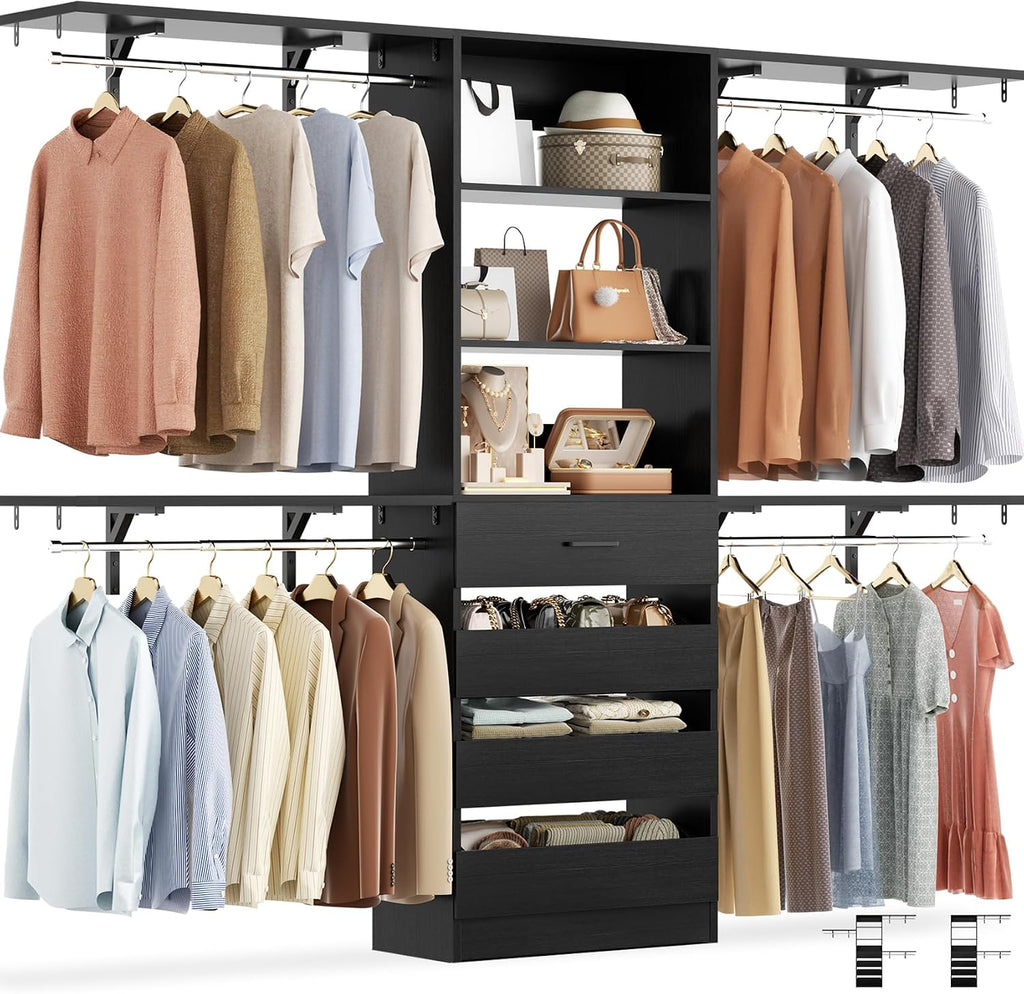 Aheaplus Closet System, 8FT Closet Organizer with 4 Wooden Drawers, Wood Closet Organizer System with Tower, Walk-in Closet Organizer Wardrobe Clothes Rack with 4 Hanging Rods, Garment Rack, Black