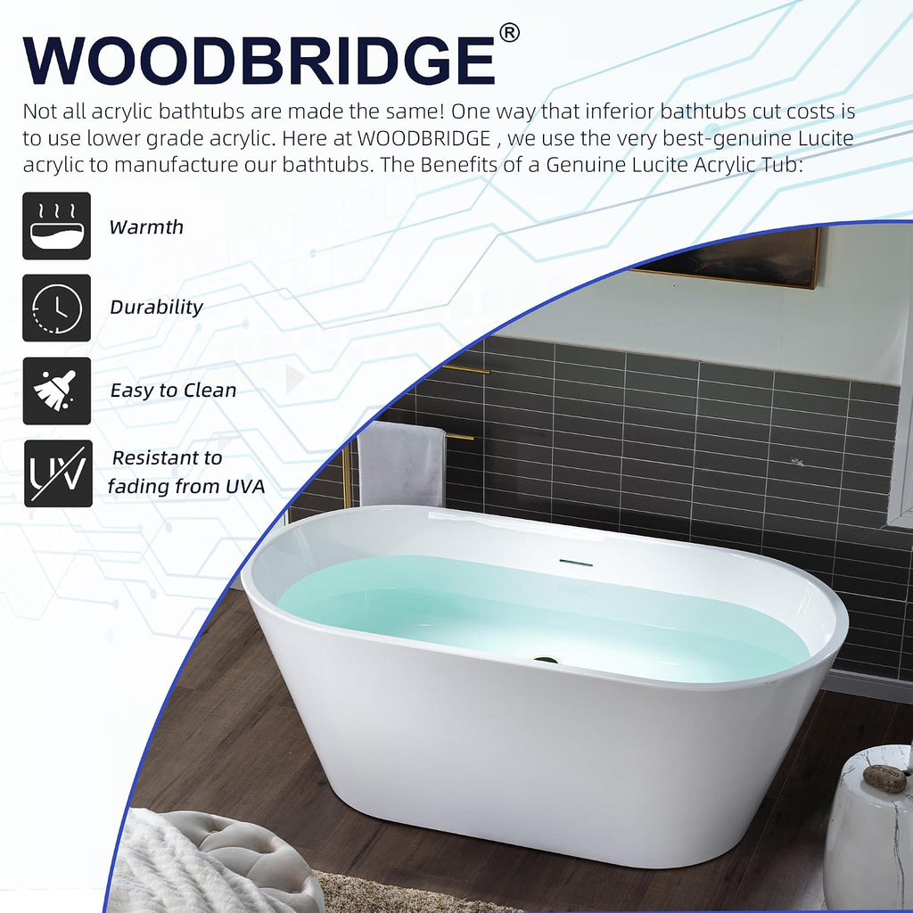 WOODBRIDGE 59 X 29.5 X 22.8' freestanding soaking bathtub with matte black drain included, White WE009