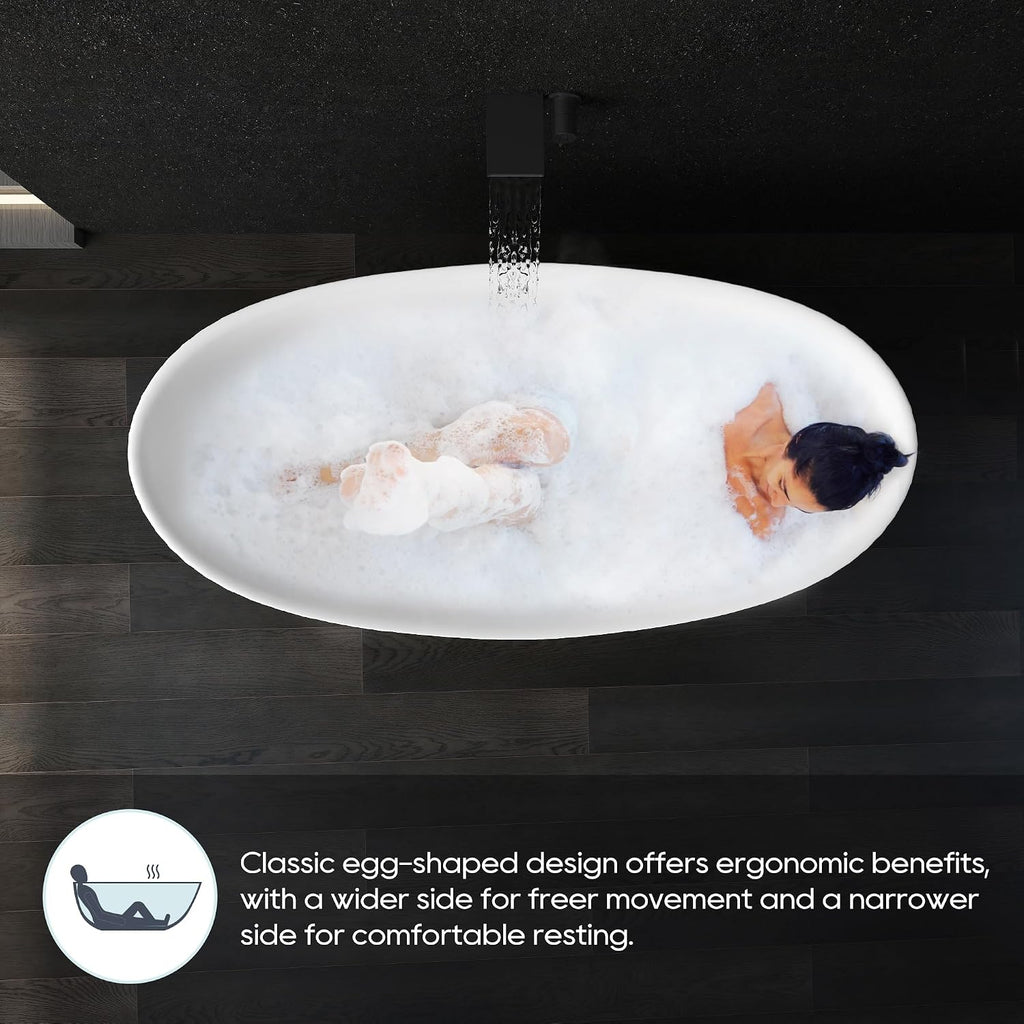 SJ STAR&JANE 65' Solid Surface Freestanding Bathtub Stone Resin Tub Oval Double Slippers Stand Alone Soaking Tub with Pop-up Drain and Overflow, Matte White
