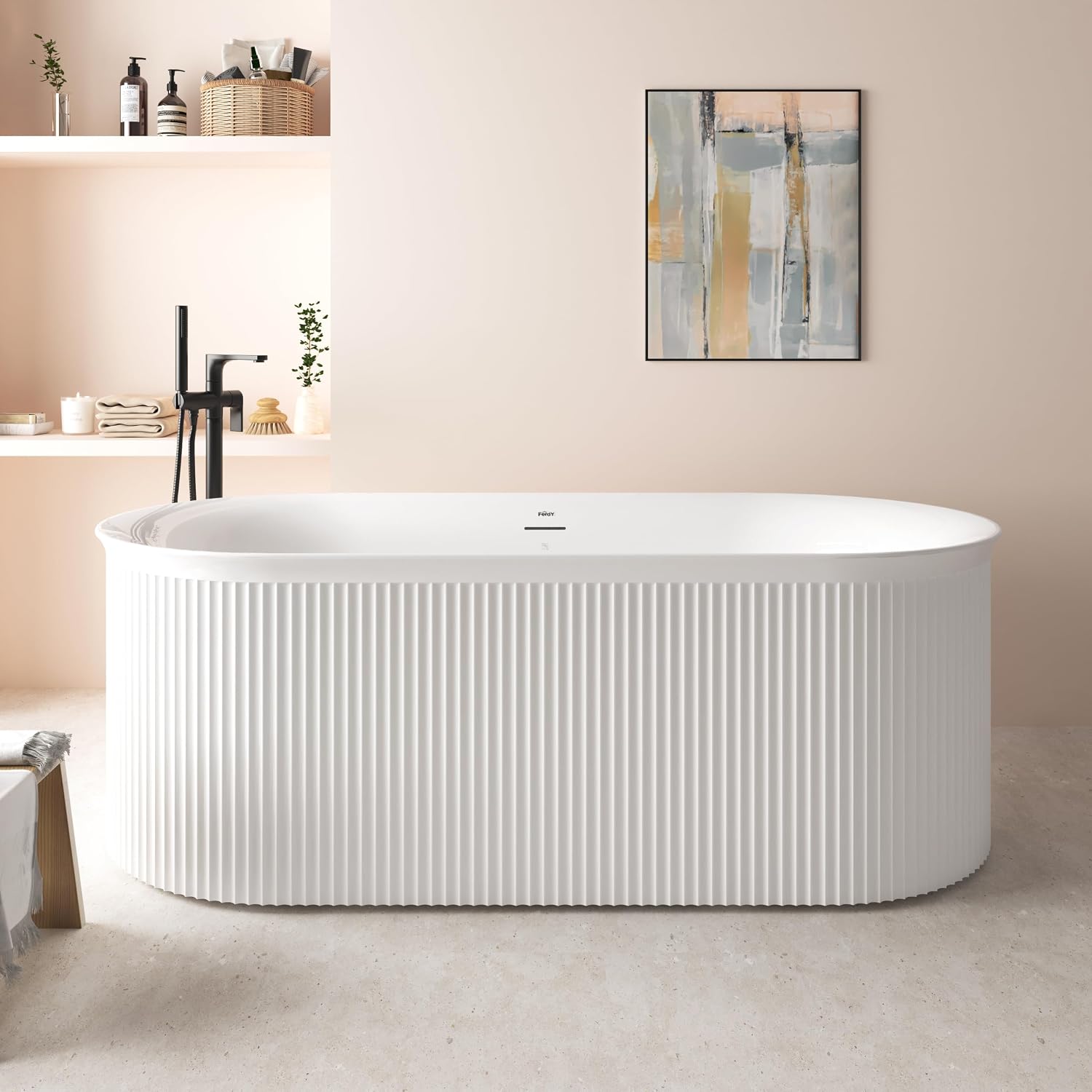 FerdY Nami 67' Acrylic Freestanding Bathtub, V Shape Freestanding Soaking Acrylic Bathtub, Modern White, Brushed Nickel& Bath Pillow for Bathtub,Thick Tub Pillows, Breathable 4D Air Mesh