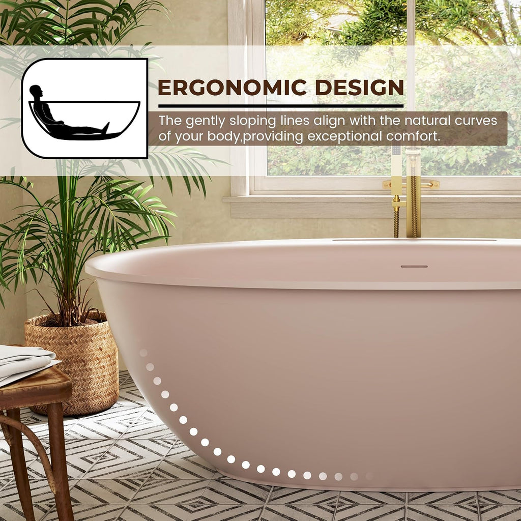 CASAINC 67' Solid Surface Free Standing Tub Blush Beige Stone Resin Freestanding Bathtub Soaking Tub with Drain, Drain Hose & Sanding Paper