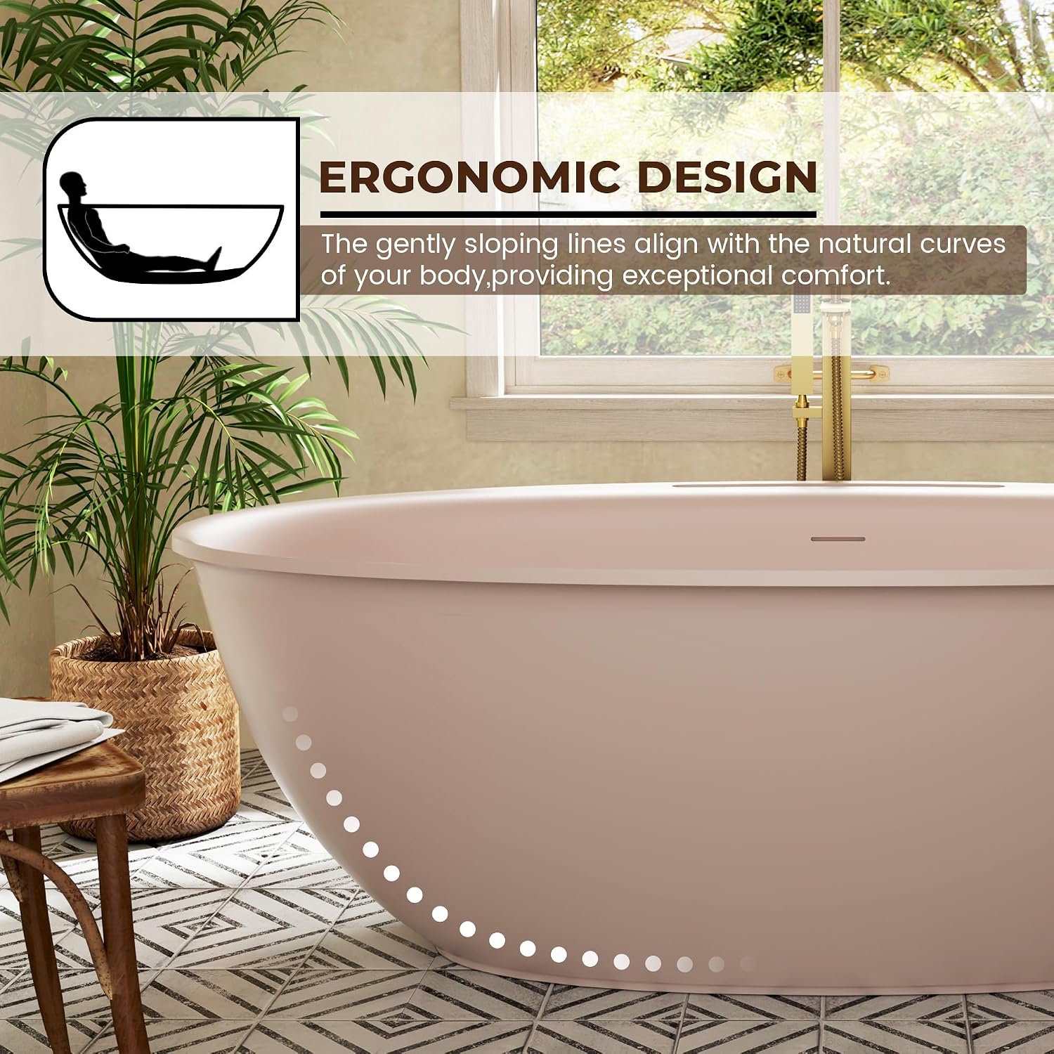 CASAINC 67' Solid Surface Free Standing Tub Blush Beige Stone Resin Freestanding Bathtub Soaking Tub with Drain, Drain Hose & Sanding Paper