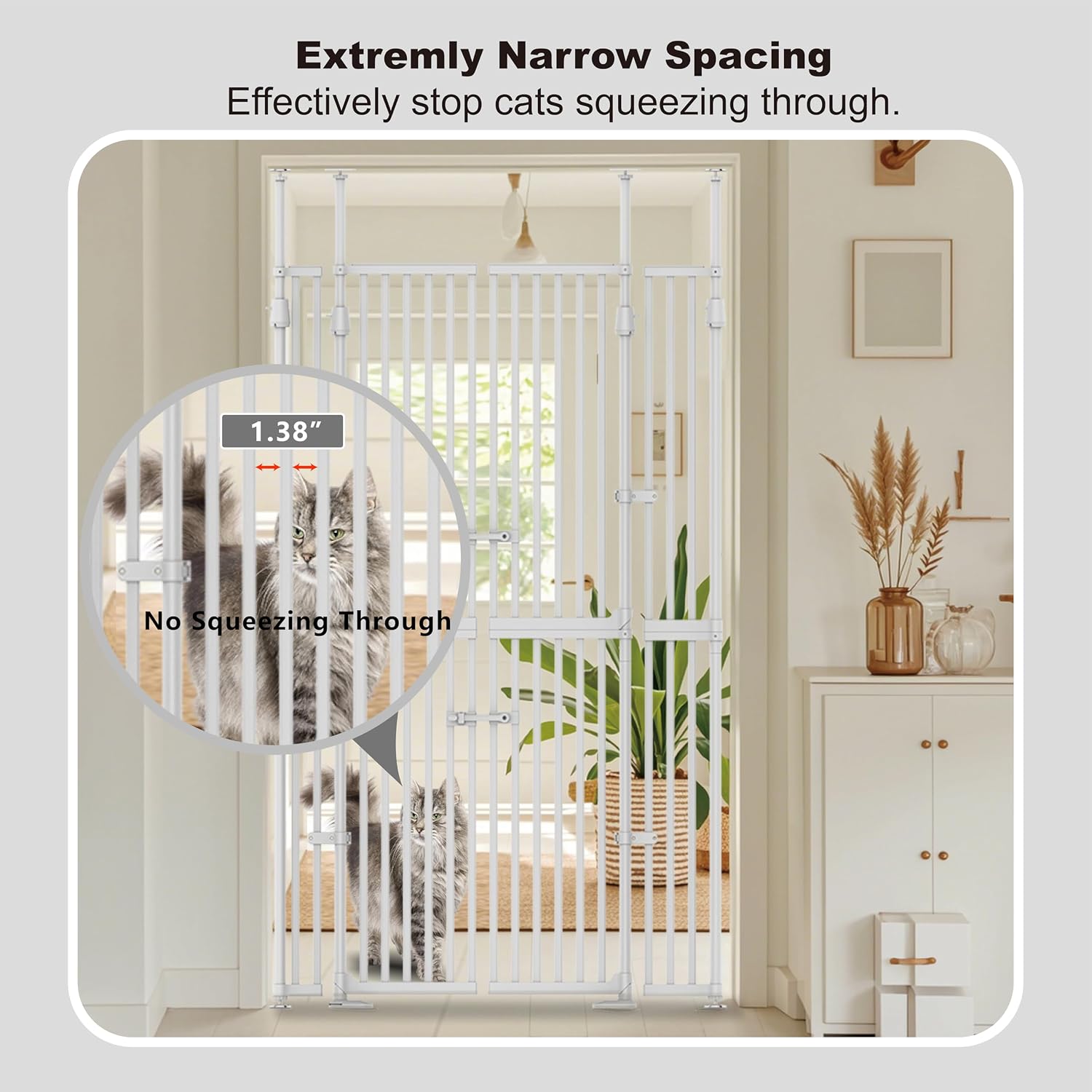 YGP 74.8-90.5' Extra Tall Cat Gate,30.3–47.2' Wide Pressure Mounted Cat Gate for Doorway, 1.3' Narrow Bar Cat Dog Proof Pet Gate,Auto Close No Drilling for Indoor Stairs Window Wall.White