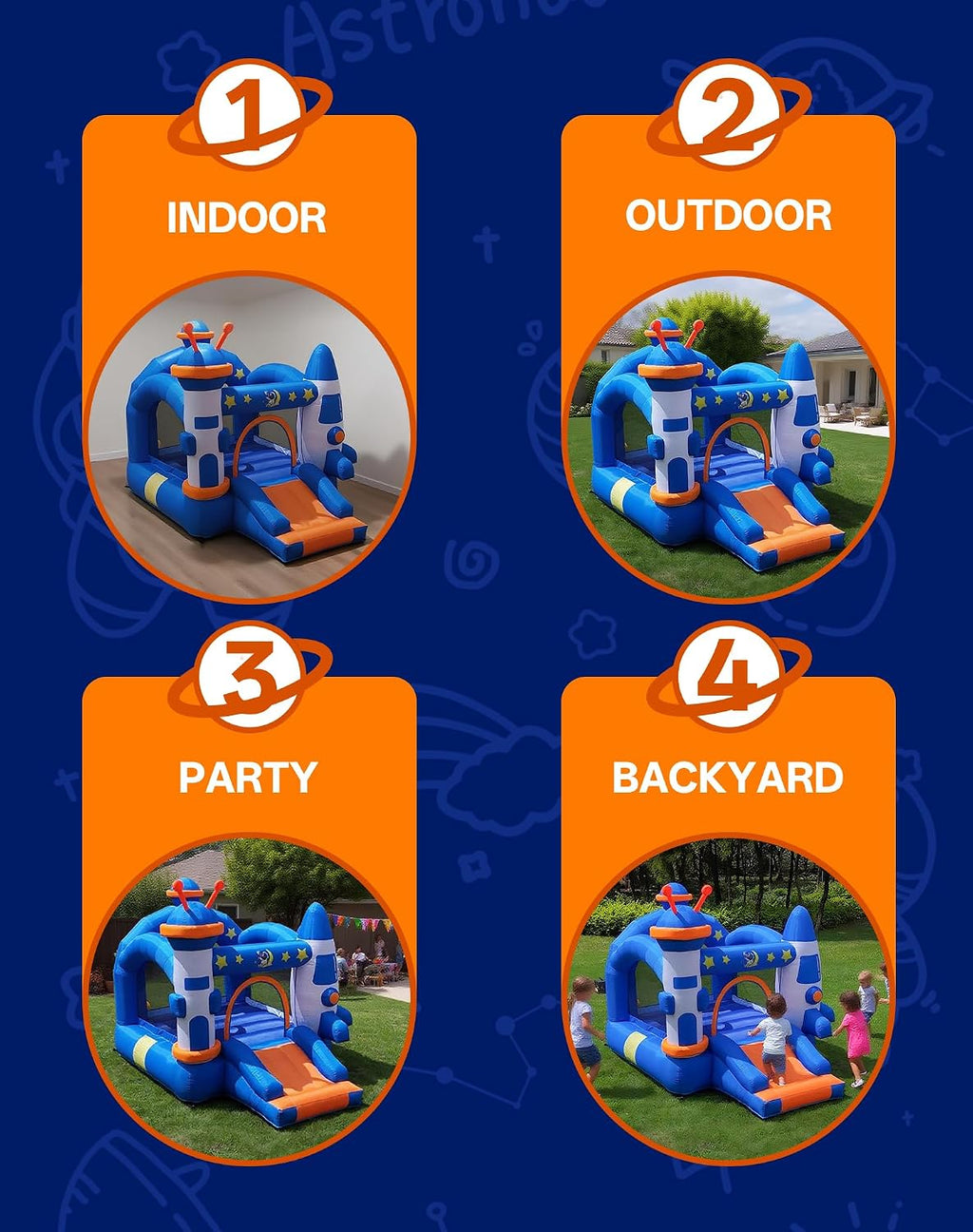 Bounce House, Inflatable Bouce House for Kids 3-6 with Basketball Hoop Jump Area and Slide, Space-Themed Inflatable Bouncy Castle with Air Blower for Indoor/Outdoor