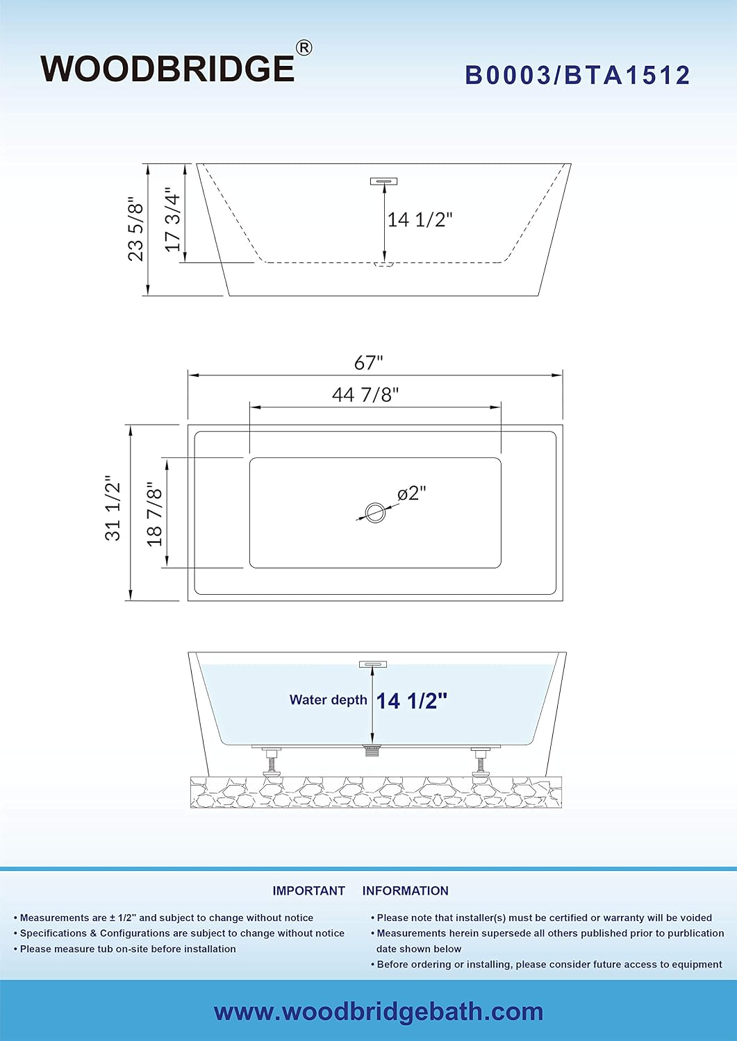 WOODBRIDGE 67' Acrylic Freestanding Bathtub Contemporary Soaking White Tub with Matte Black Overflow and Drain，BTA1512-MB-Drain&O