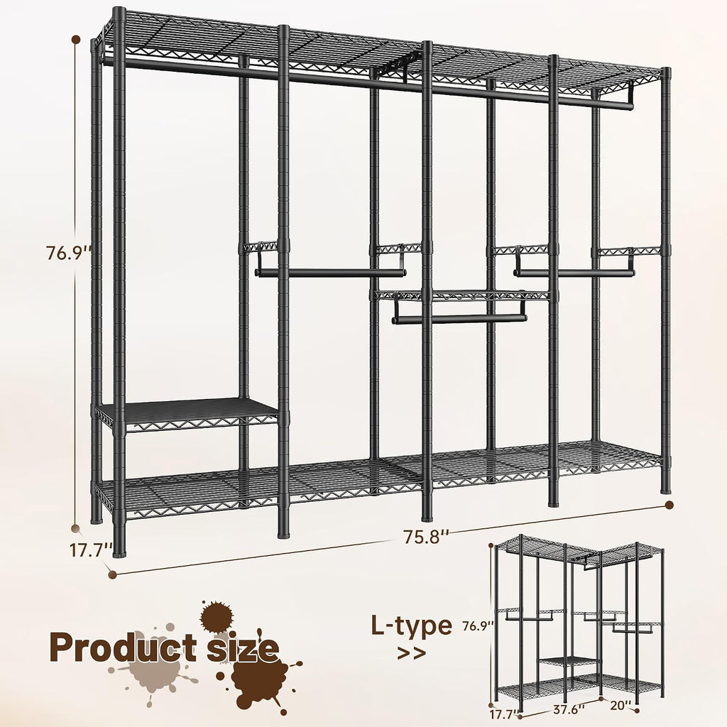 Raybee Clothes Rack Heavy Duty 1100 LBS Capacity Clothing Racks for Hanging Clothes Adjustable Garment Rack,17.7' D x 75.8' W x 76.9' H Black
