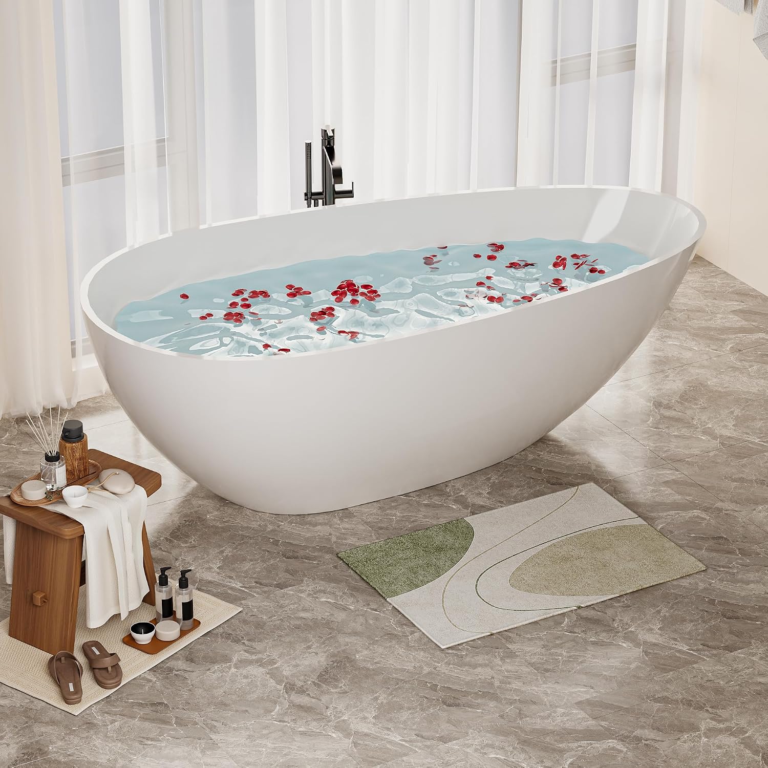 Kaimei 59-Inch Oval Stone Resin Freestanding Bathtub | Deep Soaking Tub with Overflow & Pop-up Drain | Glossy White Spa Tub for Bathroom Relaxation