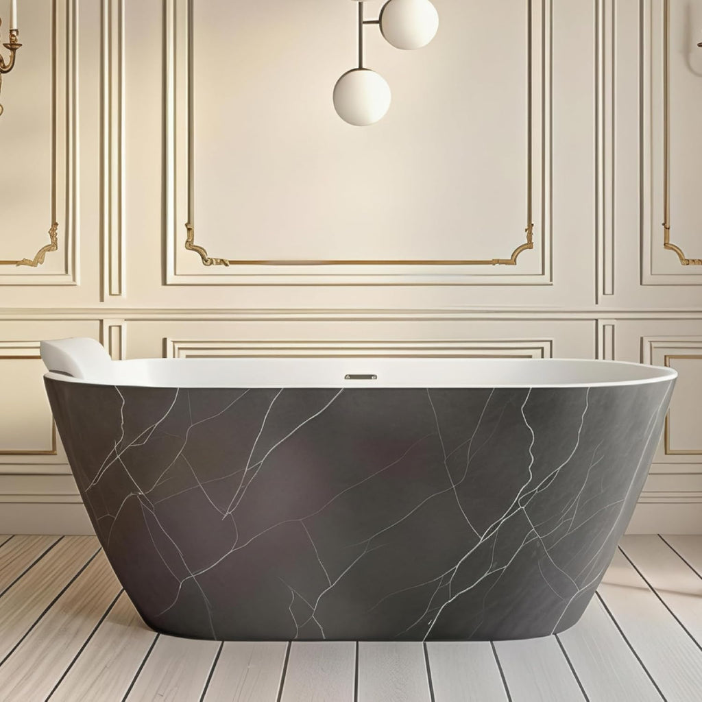 Transolid Finley 59 in. x 28.75 in. Freestanding Soaking Acrylic Bathtub with Center Drain in Gloss Two-Tone Marble Grey and White with Pillow K-AFTF5929-G31M40