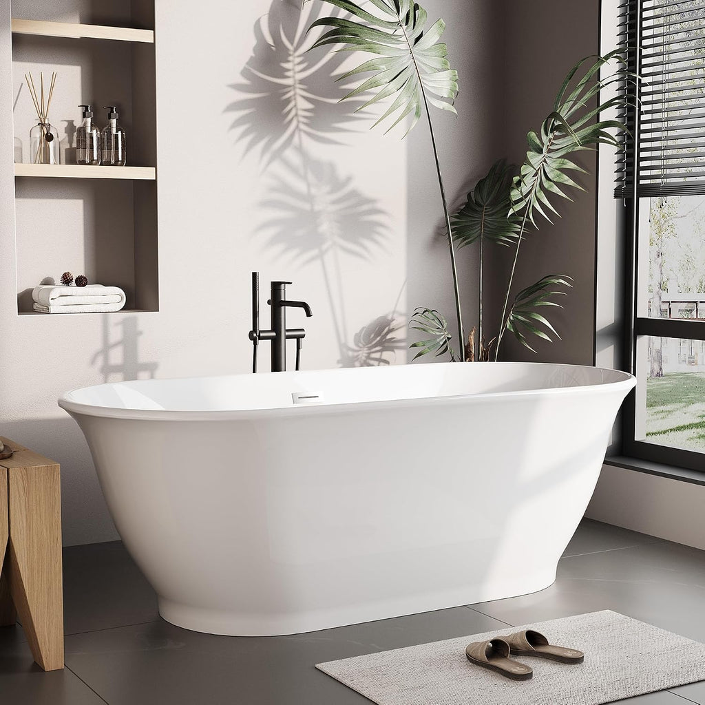 59 Inch Free Standing Tub, Modern Luxury Oval Soaking Tub, Acrylic Stand Alone Bathtub with Chrome Drain, White Finish for Contemporary Bathrooms
