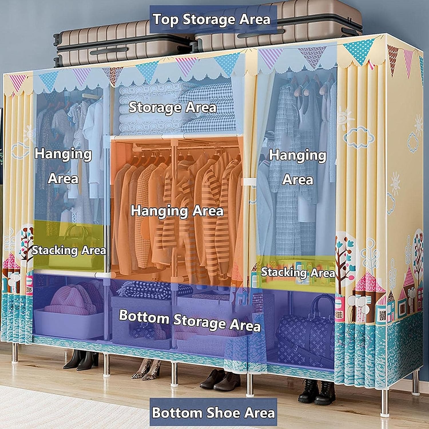 Garment Rack With Cover Heavy Duty Storage Wardrobe Closet With 3 Rods For Hanging Clothes, Closet Rack With 6 Shelves For Bedroom (Color : Blue A, Size : 245x45x172cm)