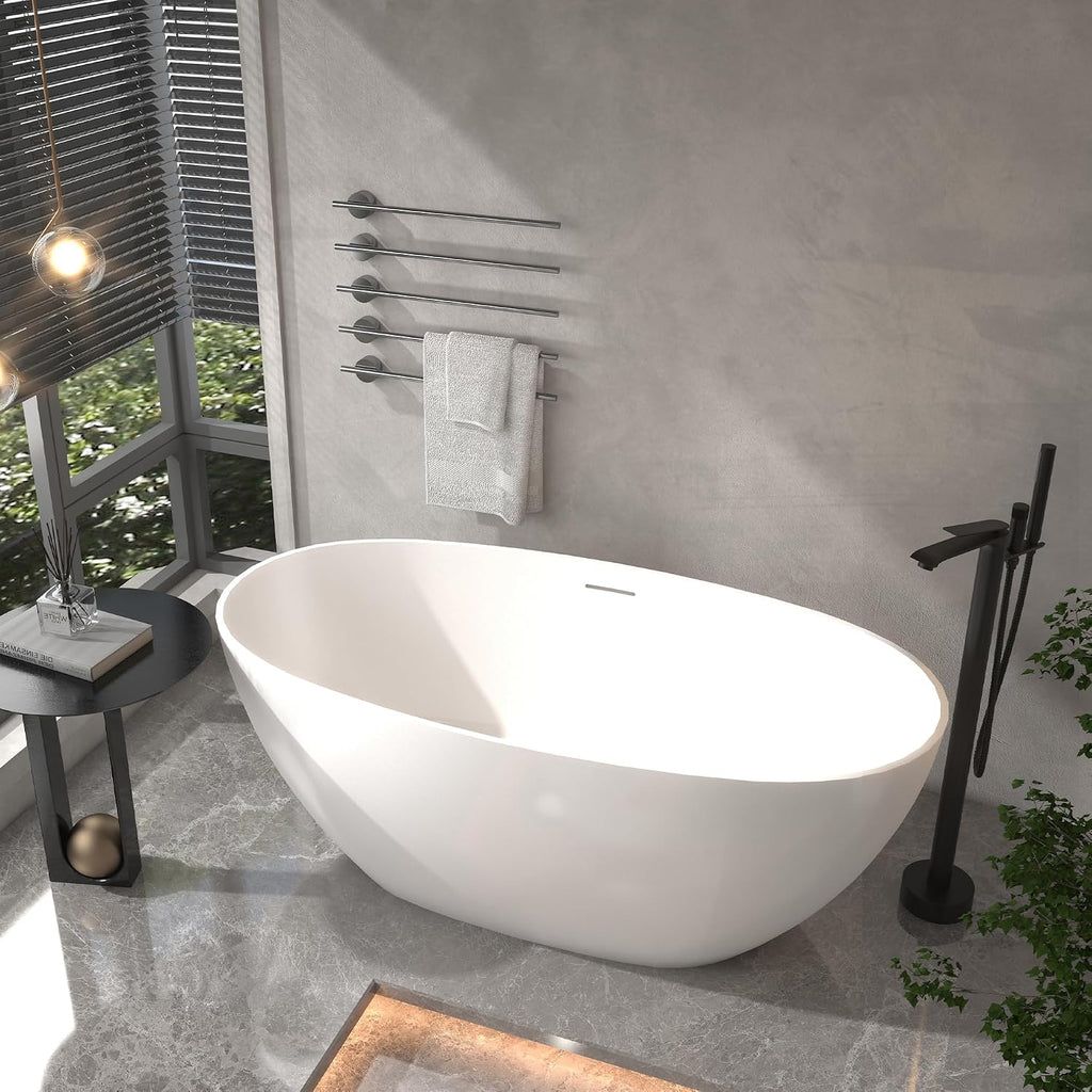 CASAINC 59'' Resin Stone Freestanding Bathtub, Matte White Soaking Bathtub Classic Oval Solid Surface Stand Alone Tub with Overflow and Pop-up Drain, Drain Hose & Sanding Paper