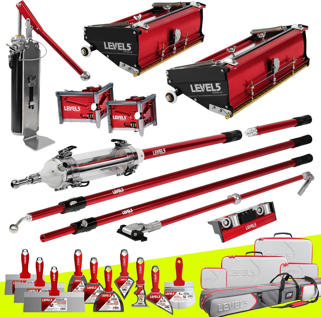 Drywall Finishing Set - LEVEL5 | Pro-Grade | 10/12' Flat Boxes, Corner Roller, 3'/3.5' Corner Finishers, MiniShot, Handles, Compound Pump + Filler | Sheetrock Gyprock Wallboard | 4-682