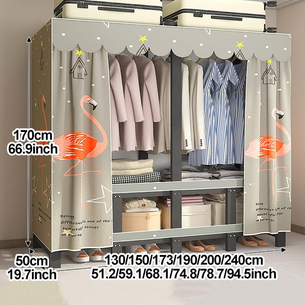 Foldable Wardrobe Closet With Cover, Metal Clothing Rack For Hanging Clothes, Portable Coat Storage Garment Rack, One-Piece Folding Base, For Bedroom, Dorm(Yellow2,190cm/74.8inch)
