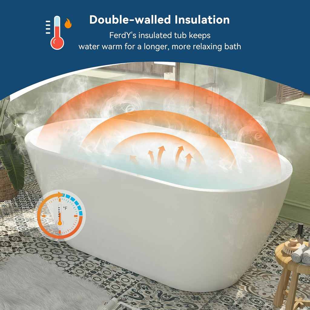 FerdY 59' Bali Elite Acrylic Freestanding Bathtub, Gracefully Shaped Freestanding Soaking Bathtub, cUPC Certified, Toe-Tap Chrome Drain and Minimalist Linear Design Overflow Included
