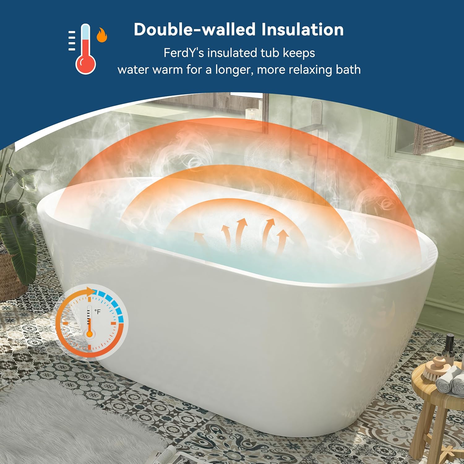 FerdY 59' Bali Elite Acrylic Freestanding Bathtub, Gracefully Shaped Freestanding Soaking Bathtub, cUPC Certified, Toe-Tap Chrome Drain and Minimalist Linear Design Overflow Included