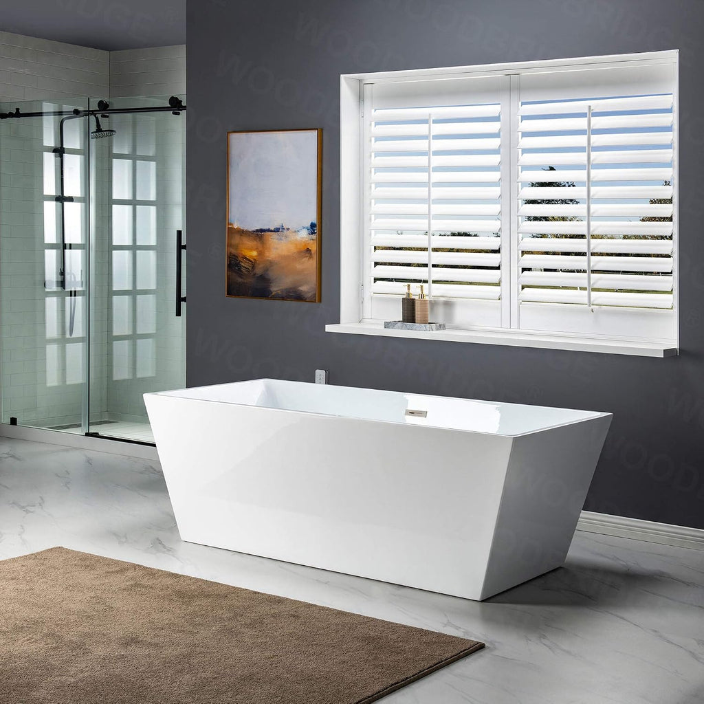 WOODBRIDGE 67' Acrylic Freestanding Bathtub Contemporary Soaking White Tub with Brushed Nickel Overflow and Drain，BTA1512-B/N-Drain&O