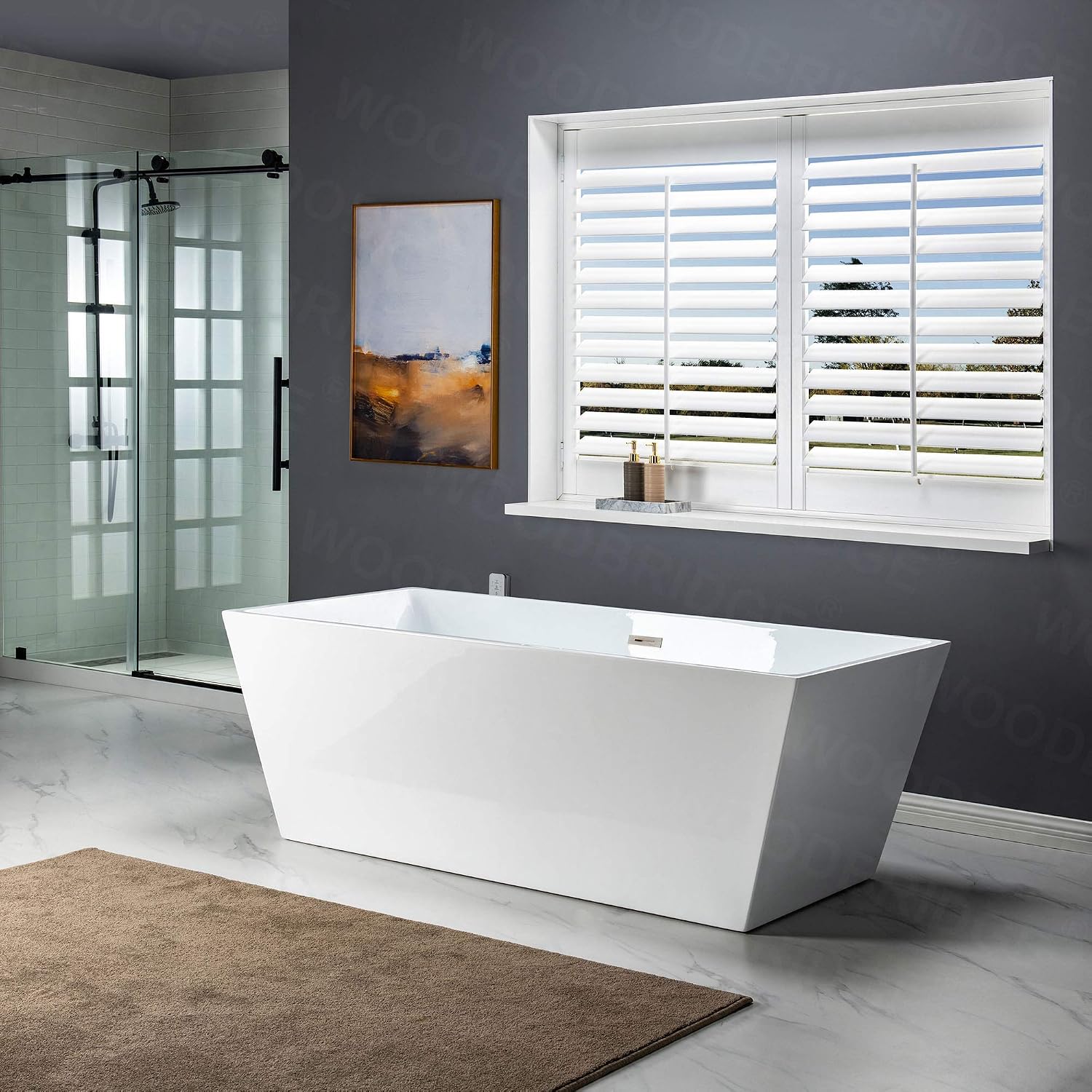 WOODBRIDGE 67' Acrylic Freestanding Bathtub Contemporary Soaking White Tub with Brushed Nickel Overflow and Drain，BTA1512-B/N-Drain&O
