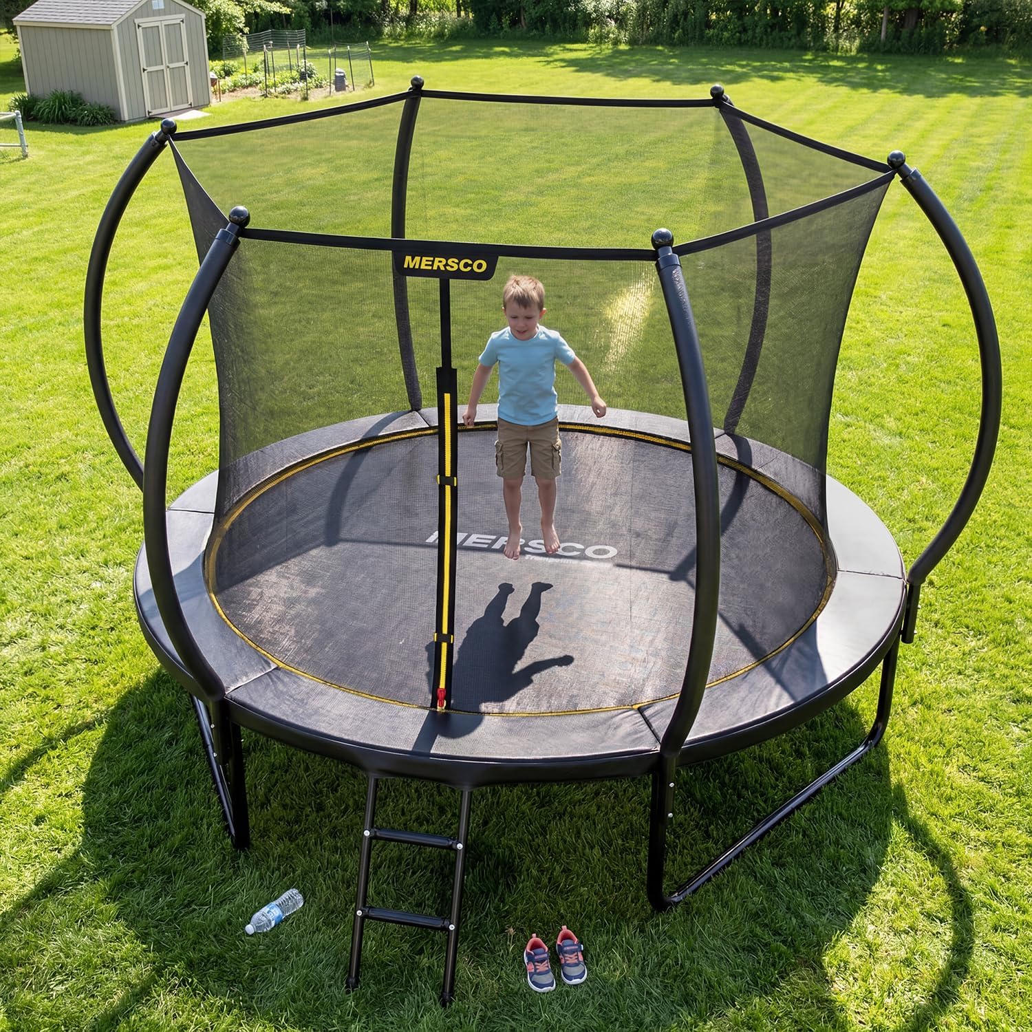 Mersco Trampoline Outdoor 10FT 12FT 14FT with Enclosure and Ladder, ASTM Approved Recreational Trampoline for Kids and Adults, Anti-Rust Coated Frame, Enhanced Weight Capacity