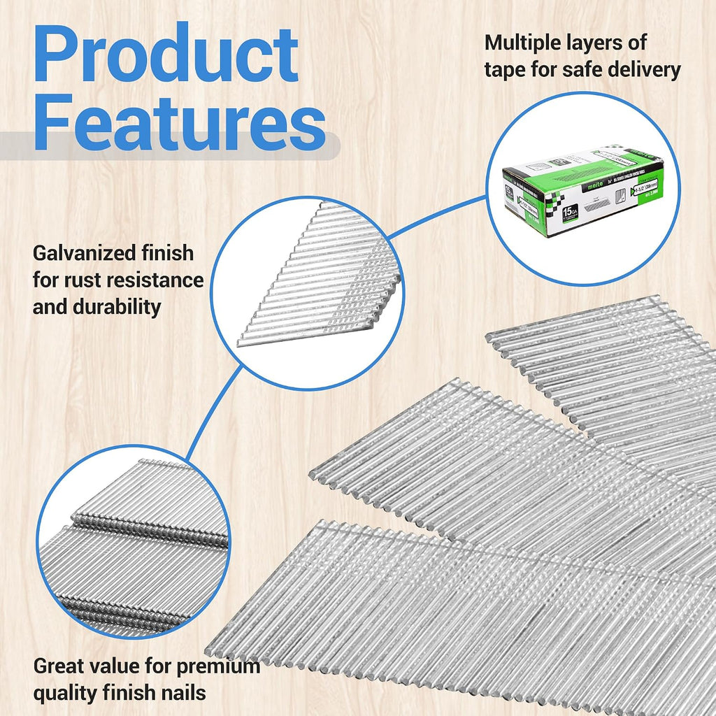meite 15 Gauge 34 Degree Angled Finish Nails 1-1/2-Inch Galvanized Finishing Nails for Nail Gun, DA Series Glue-collated Nail for Window Trimming/Cabinet, 16,000PCS