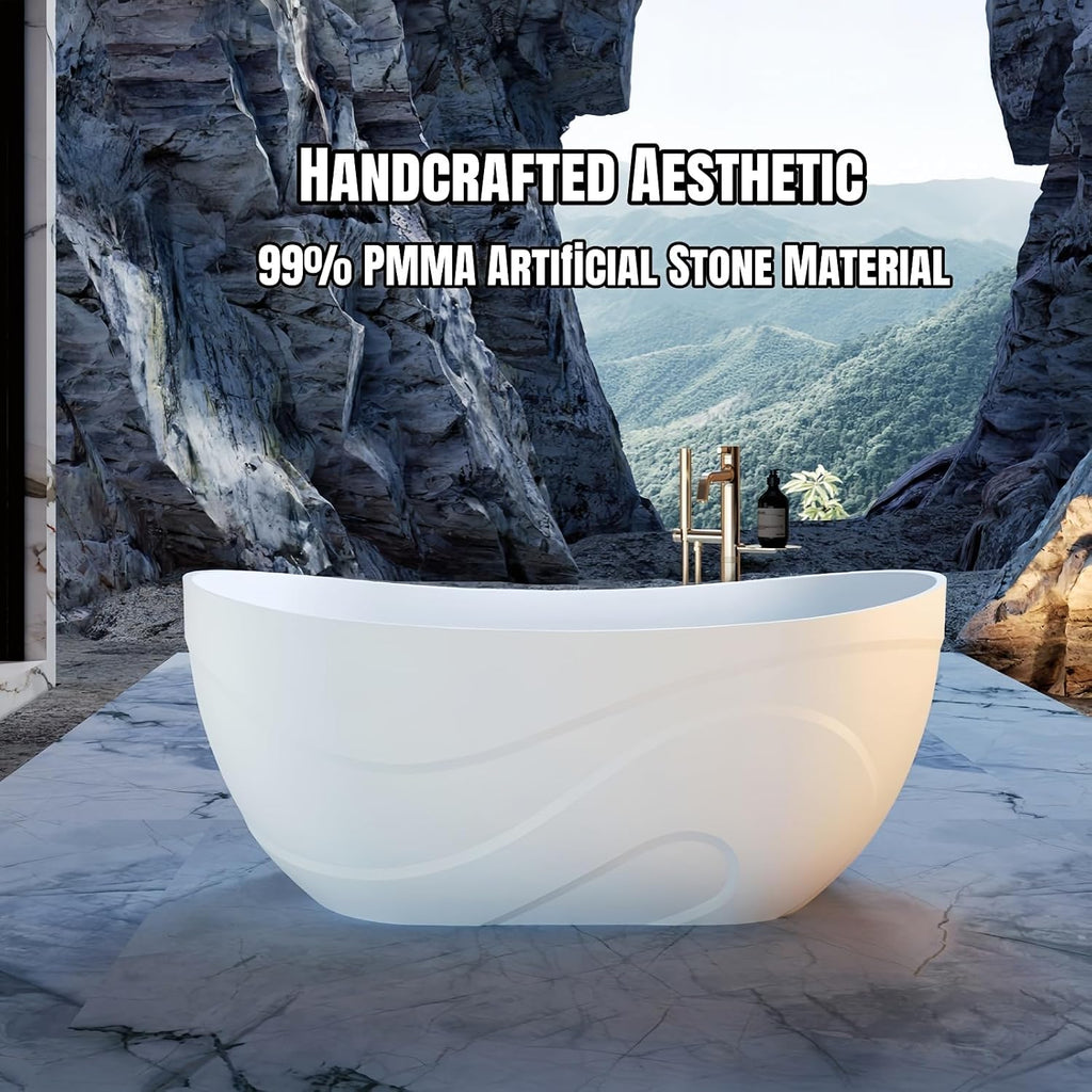 Freestanding Bathtub – Modern Soaking Tub With Ergonomic Design, Extra Deep Stand Alone Tub, Premium Solid Surface Bathtub For Luxury Bathroom Spaces (59',White)