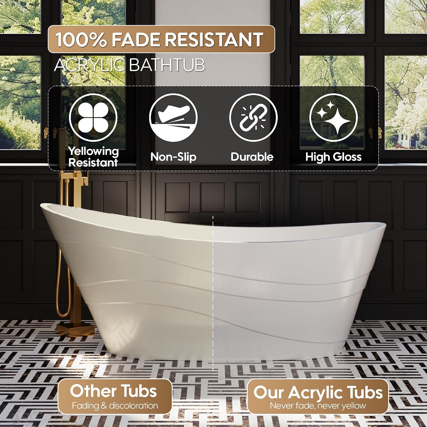 WELLFOR 67' Freestanding Acrylic Bathtub with Drain and Integrated Slotted Overflow, Soaking Bath Tub with Predrilled Overflow Holes, Soaking Bath Tub 58 Gallons Capacity, Glossy White