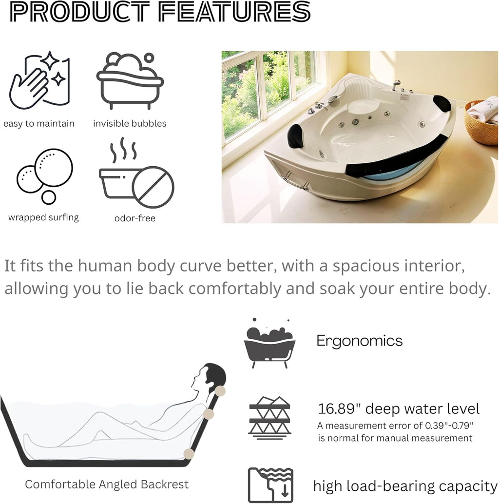 Favfurish 59' Corner Whirlpool Bathtub,Jetted Spa Tub w/ 6 Hydro Massage Jets, Freestanding Heated Soaking Combination Bathtub w/Chromatherapy LED Lights, UL Certified Water Pump,UPC Certified Drainer
