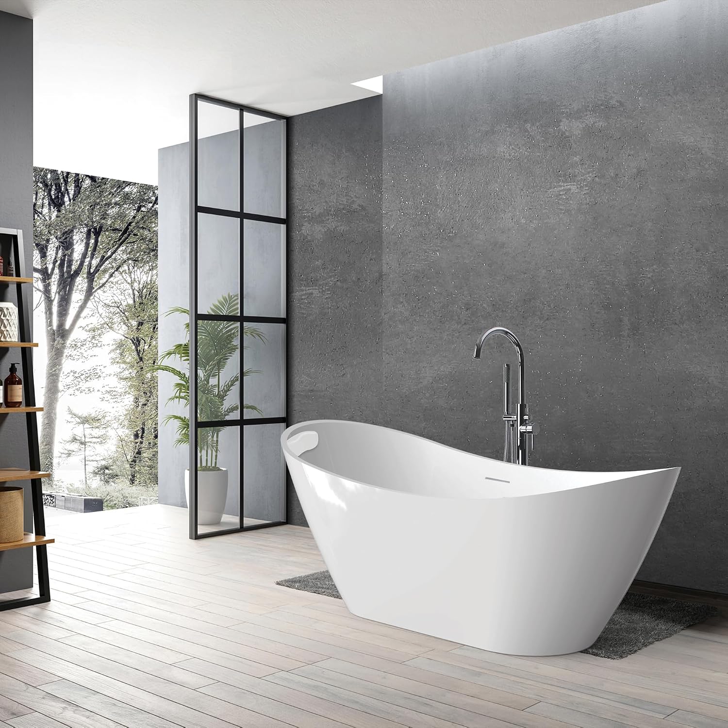 Transolid Skylar Freestanding Oval Soaking Bathtub Kit 59 in. x 31 in. Gloss White with Peyton T4200-PC Polished Chrome Floor-Mount Faucet, Color-Matched EZ-Click Center Drain and Bath Pillow