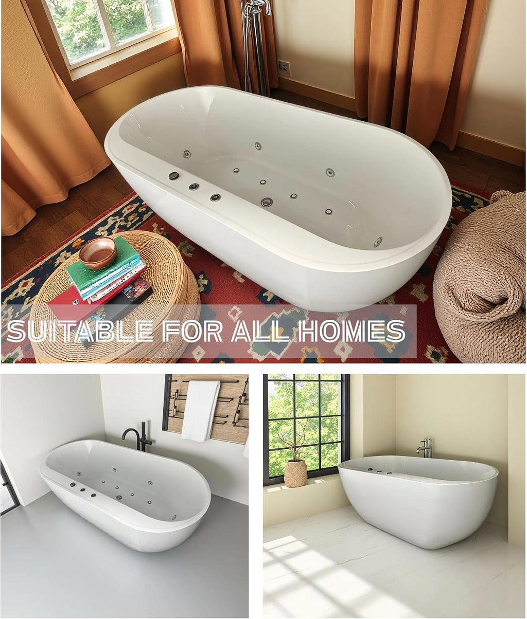 KEIKI 67' Whirlpool and Air Bath Soaking Tub, Freestanding Acrylic Spa Bathtub with 6 Body Jets & 8 Air Bubble Jets, Adjustable Speed Air Blower & Air Control Switch, Milk White